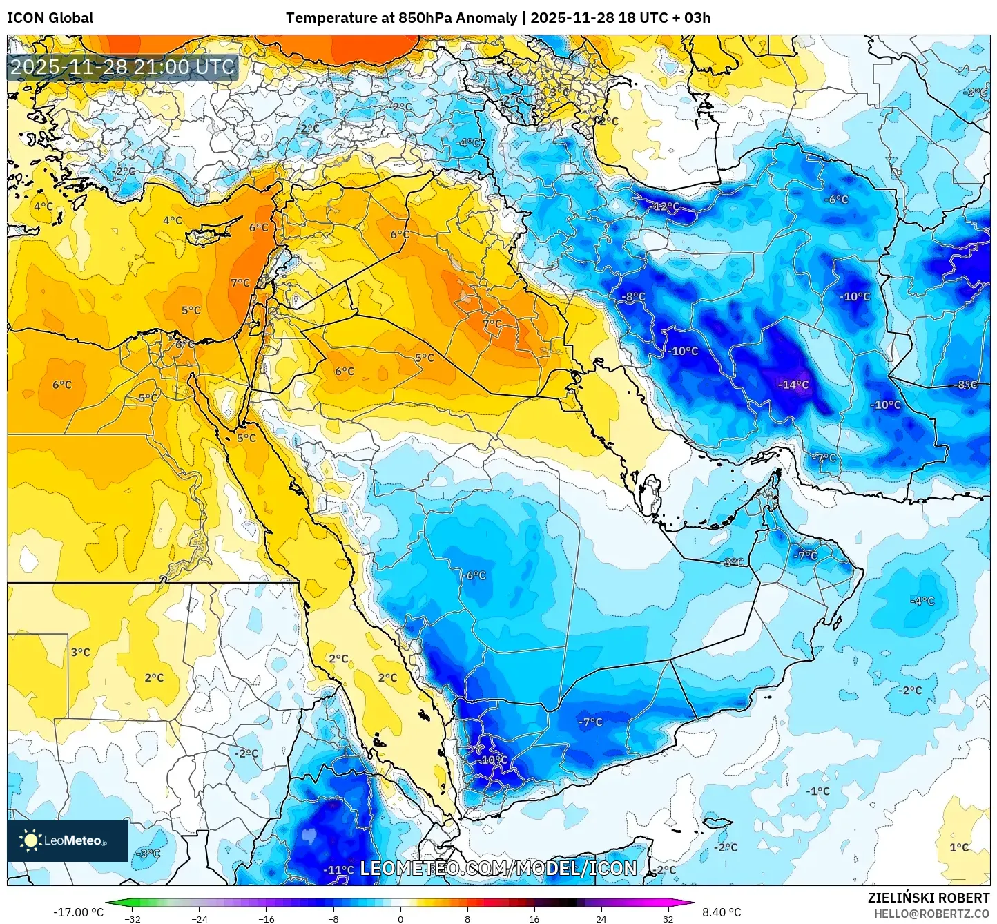 ICON model - Middle East, Temperature at 850hPa Anomaly