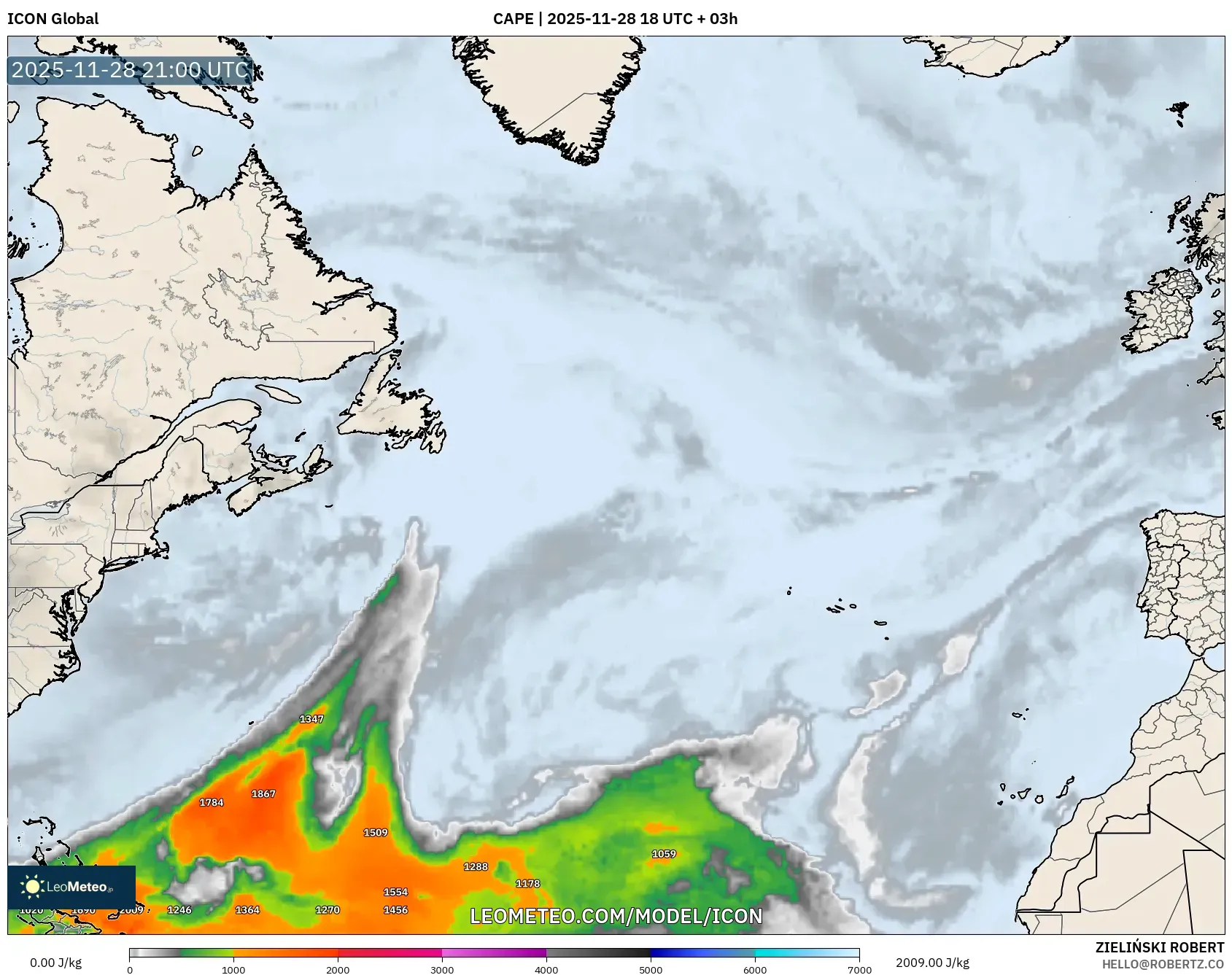 ICON model - North Atlantic, CAPE