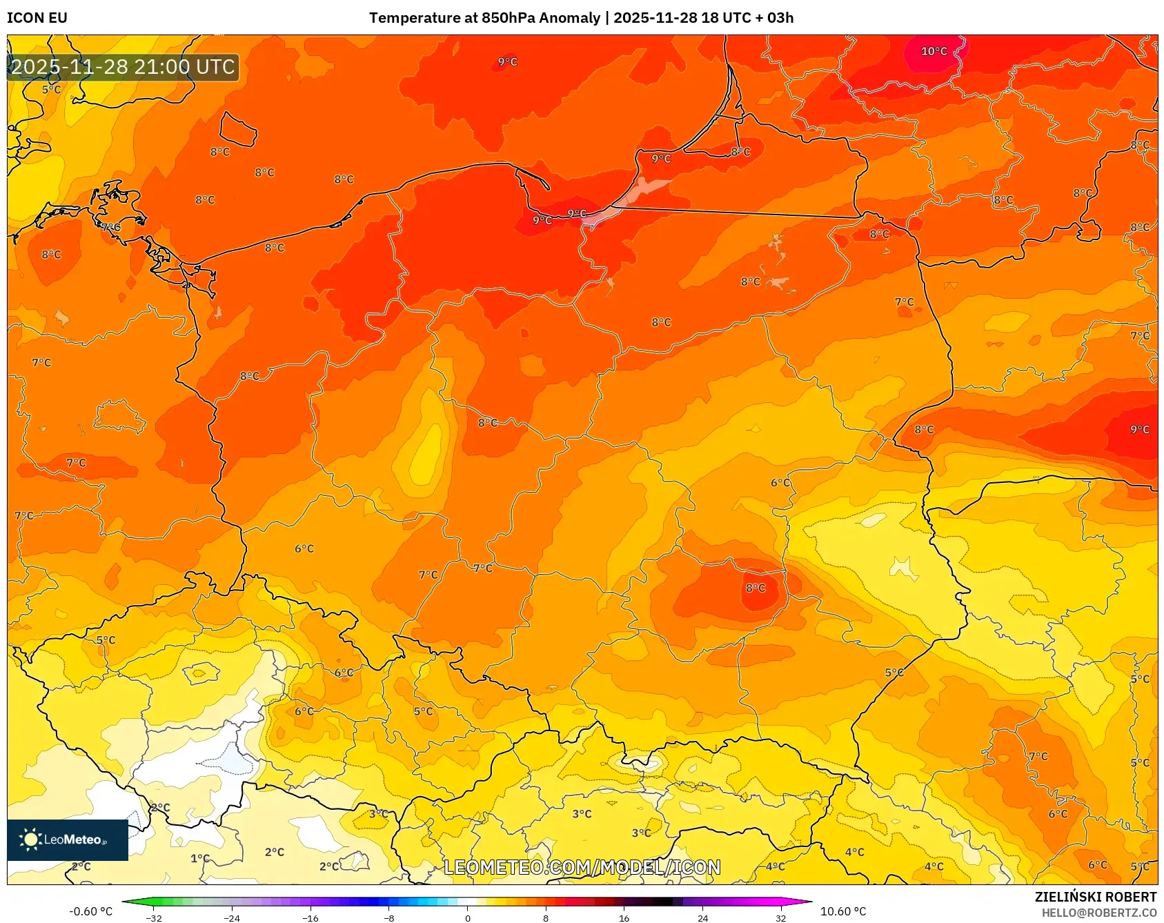 ICON model - Poland, Temperature at 850hPa Anomaly