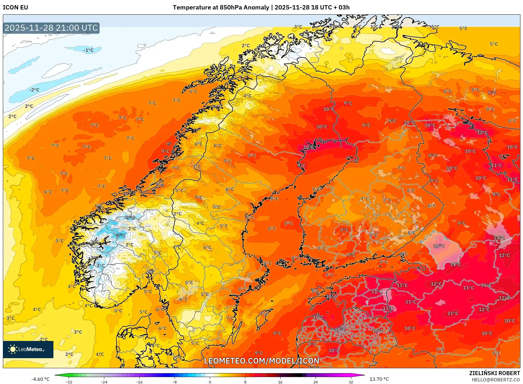 ICON model - Scandinavia, Temperature at 850hPa Anomaly