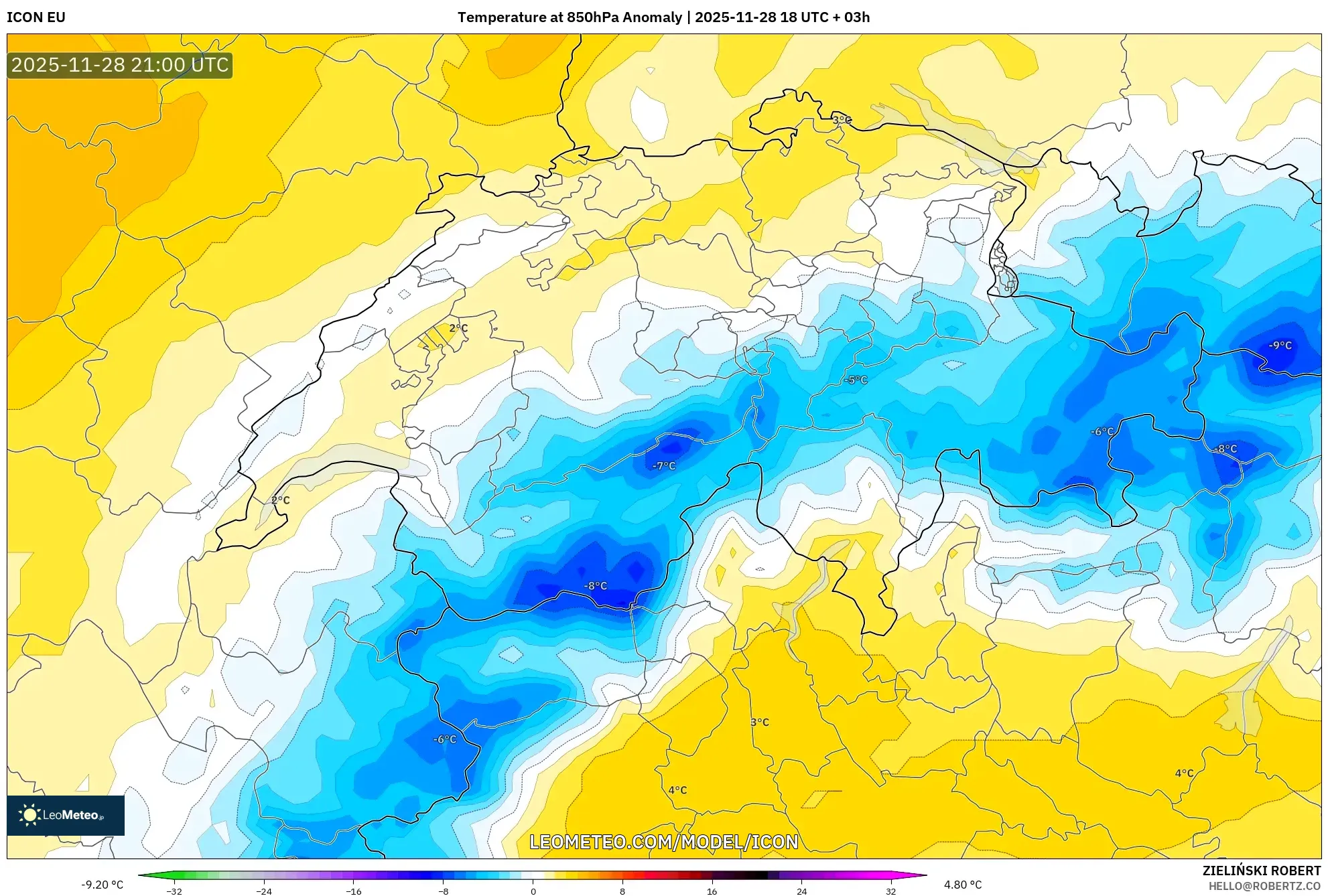 ICON model - Switzerland, Temperature at 850hPa Anomaly