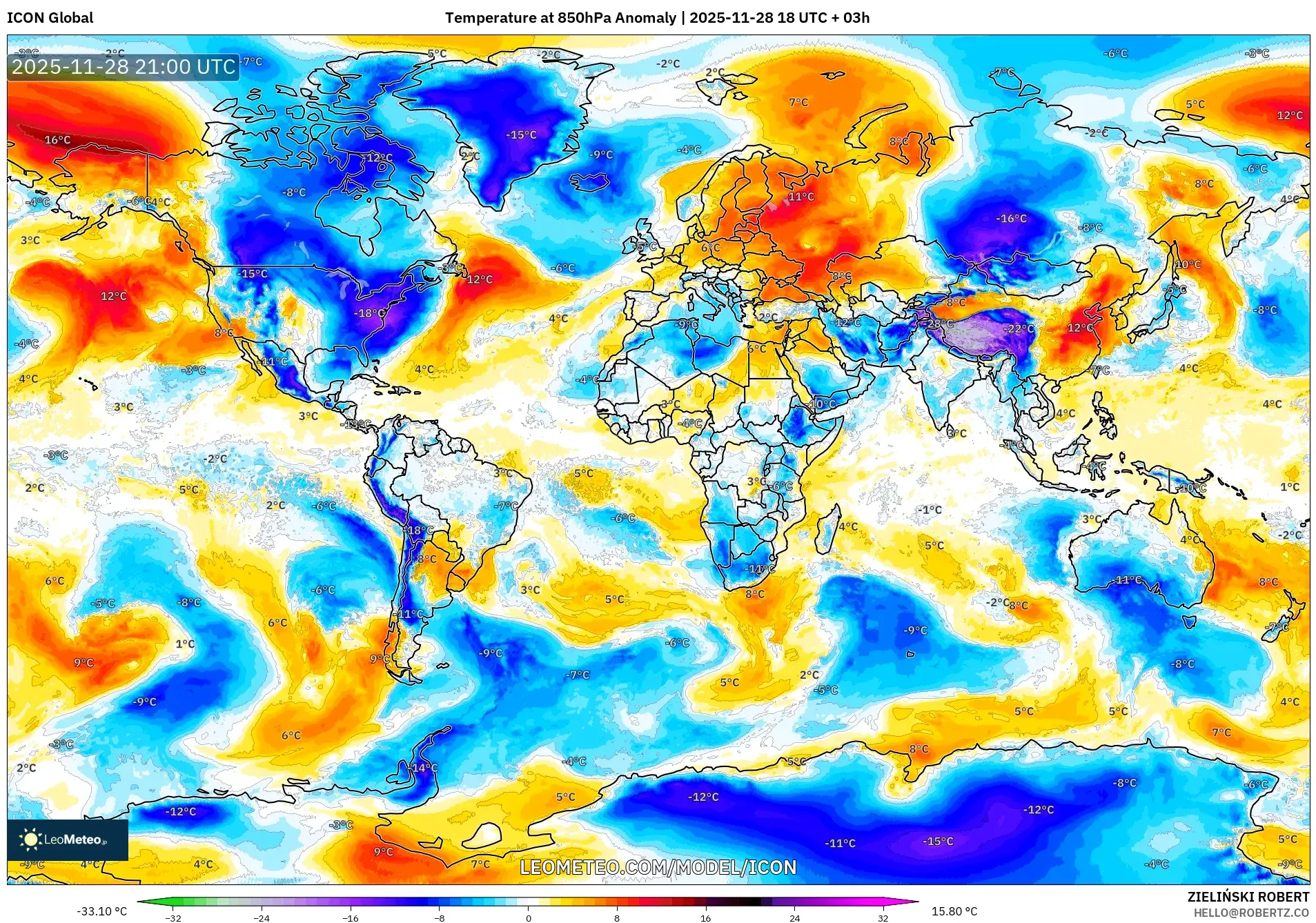 ICON model - World, Temperature at 850hPa Anomaly