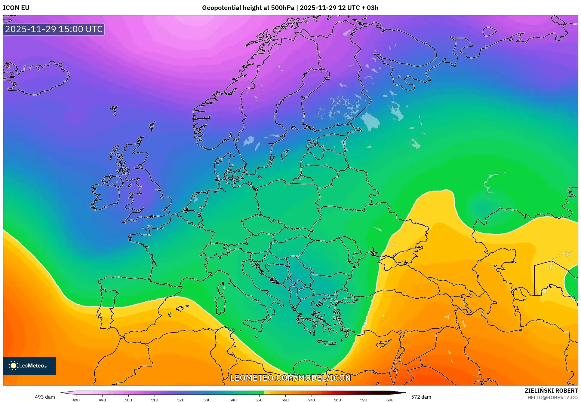ICON model - Europe, Geopotential height at 500hPa