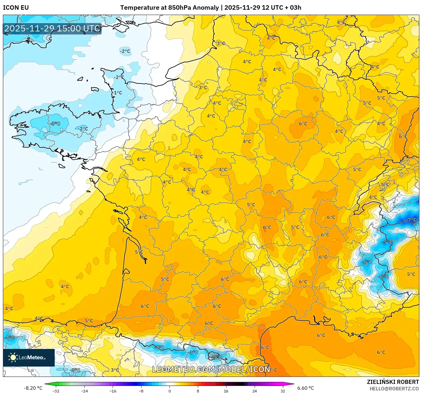 ICON model - France, Temperature at 850hPa Anomaly