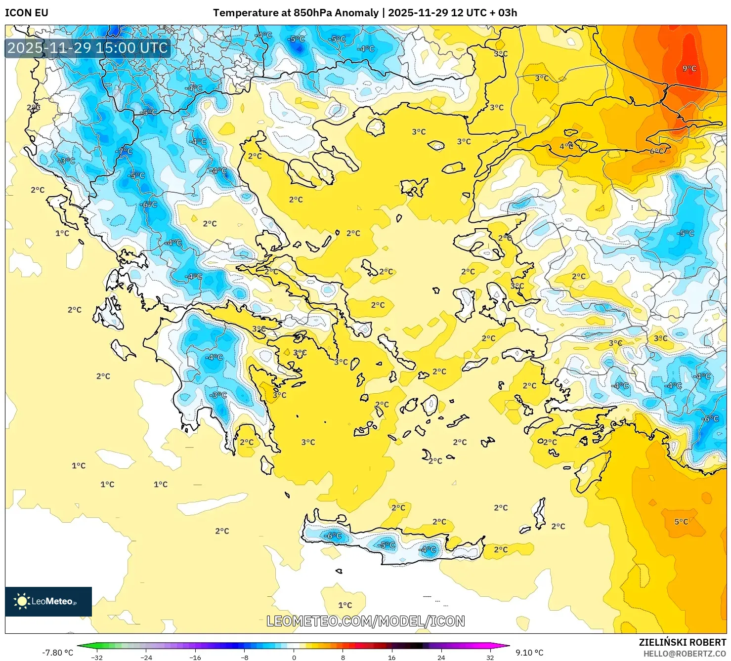 ICON model - Greece, Temperature at 850hPa Anomaly