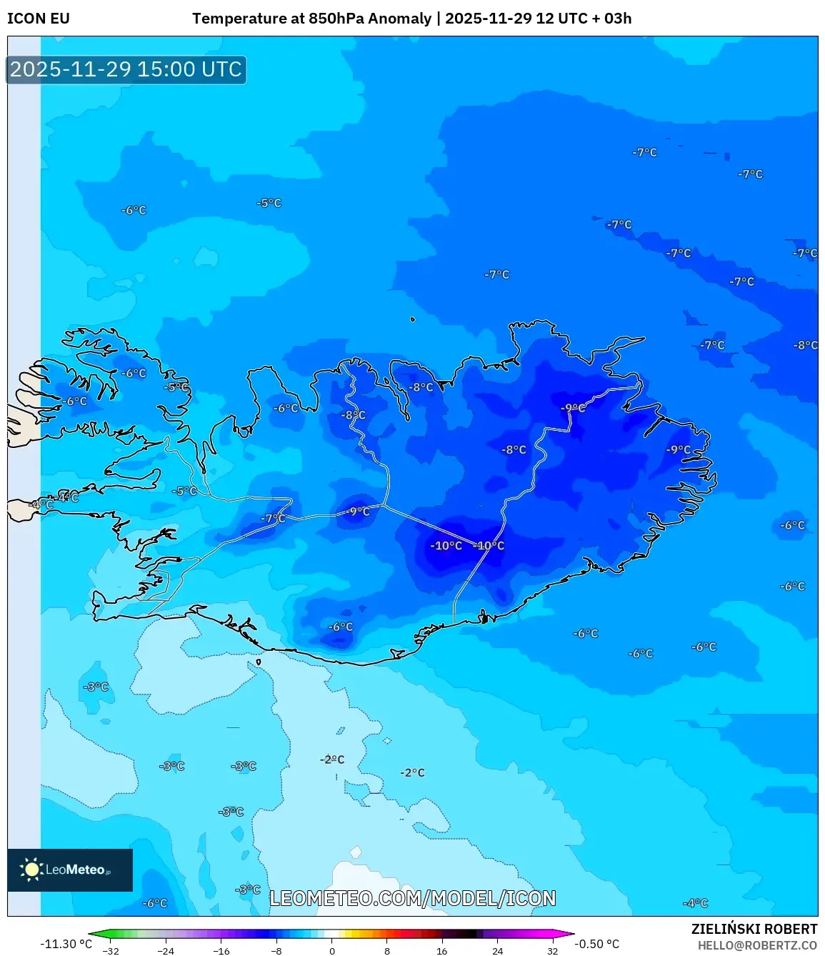 ICON model - Iceland, Temperature at 850hPa Anomaly