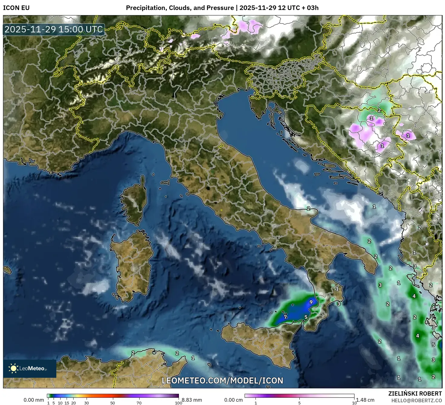 ICON model - Italy, Precipitation, Clouds, and Pressure