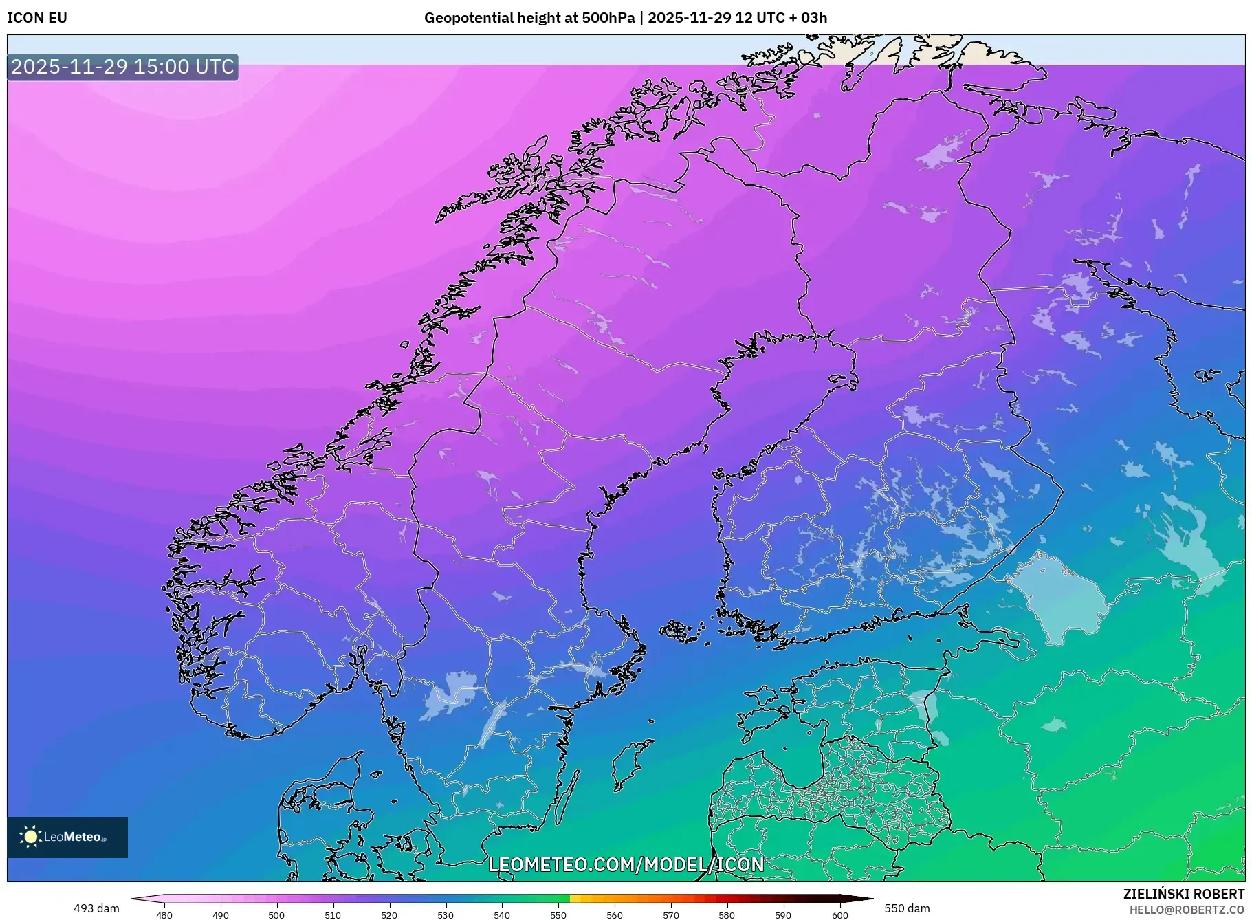 ICON model - Scandinavia, Geopotential height at 500hPa