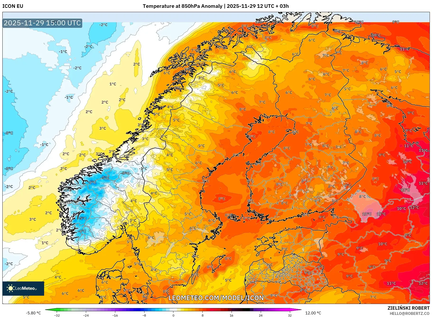 ICON model - Scandinavia, Temperature at 850hPa Anomaly