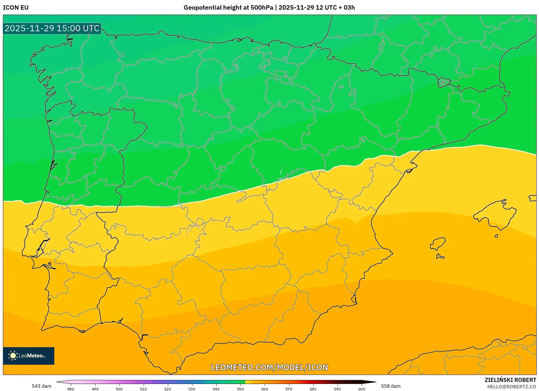 ICON model - Spain, Geopotential height at 500hPa