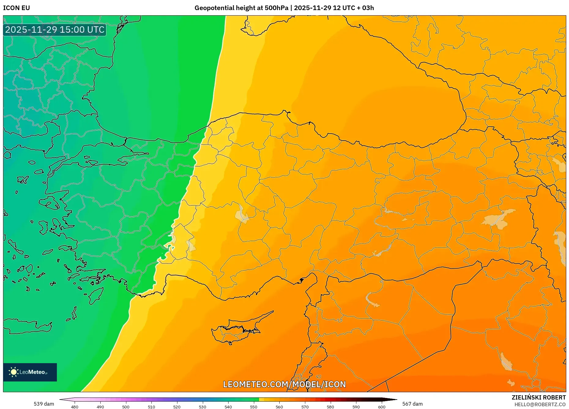 ICON model - Turkey, Geopotential height at 500hPa