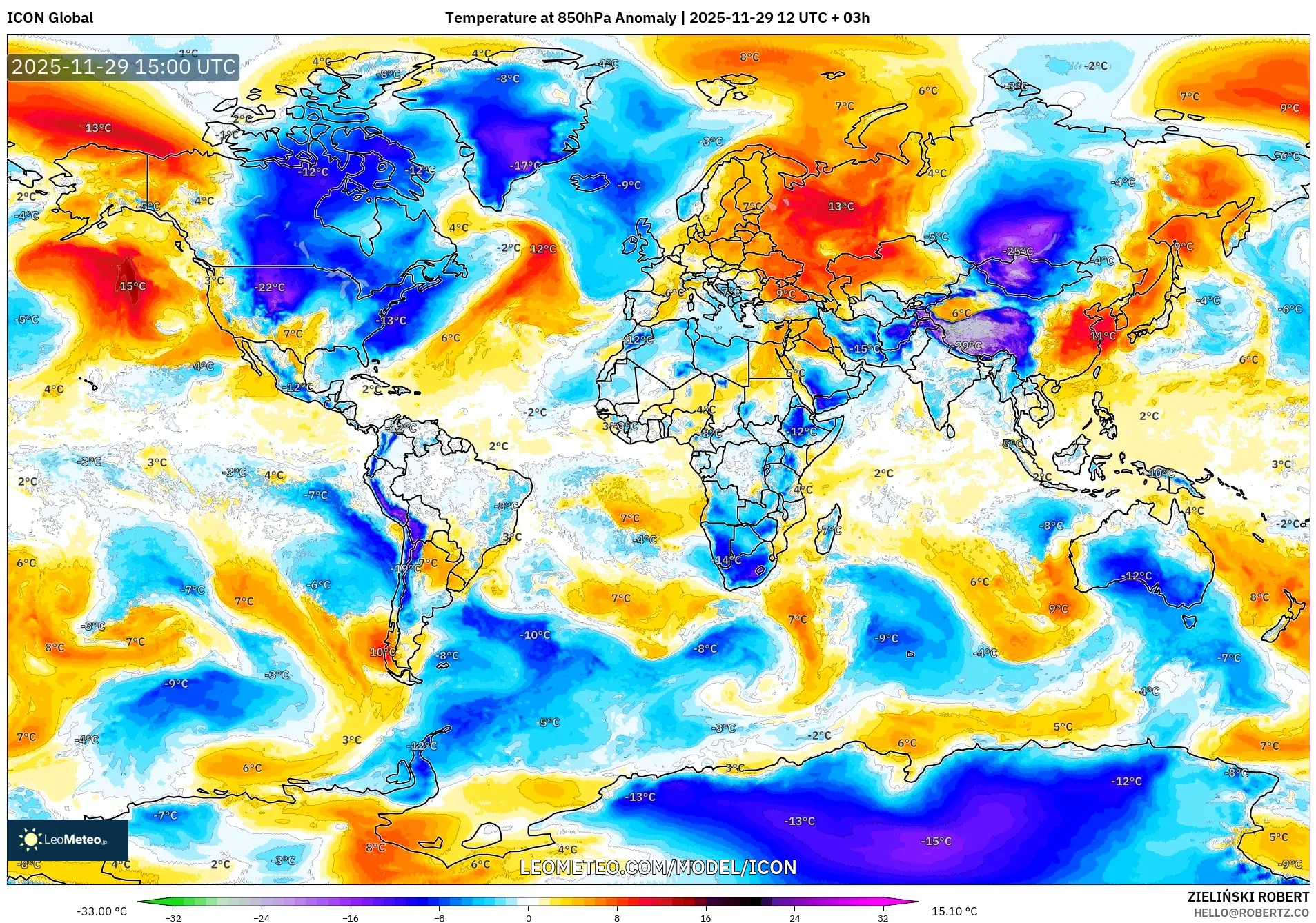 ICON model - World, Temperature at 850hPa Anomaly