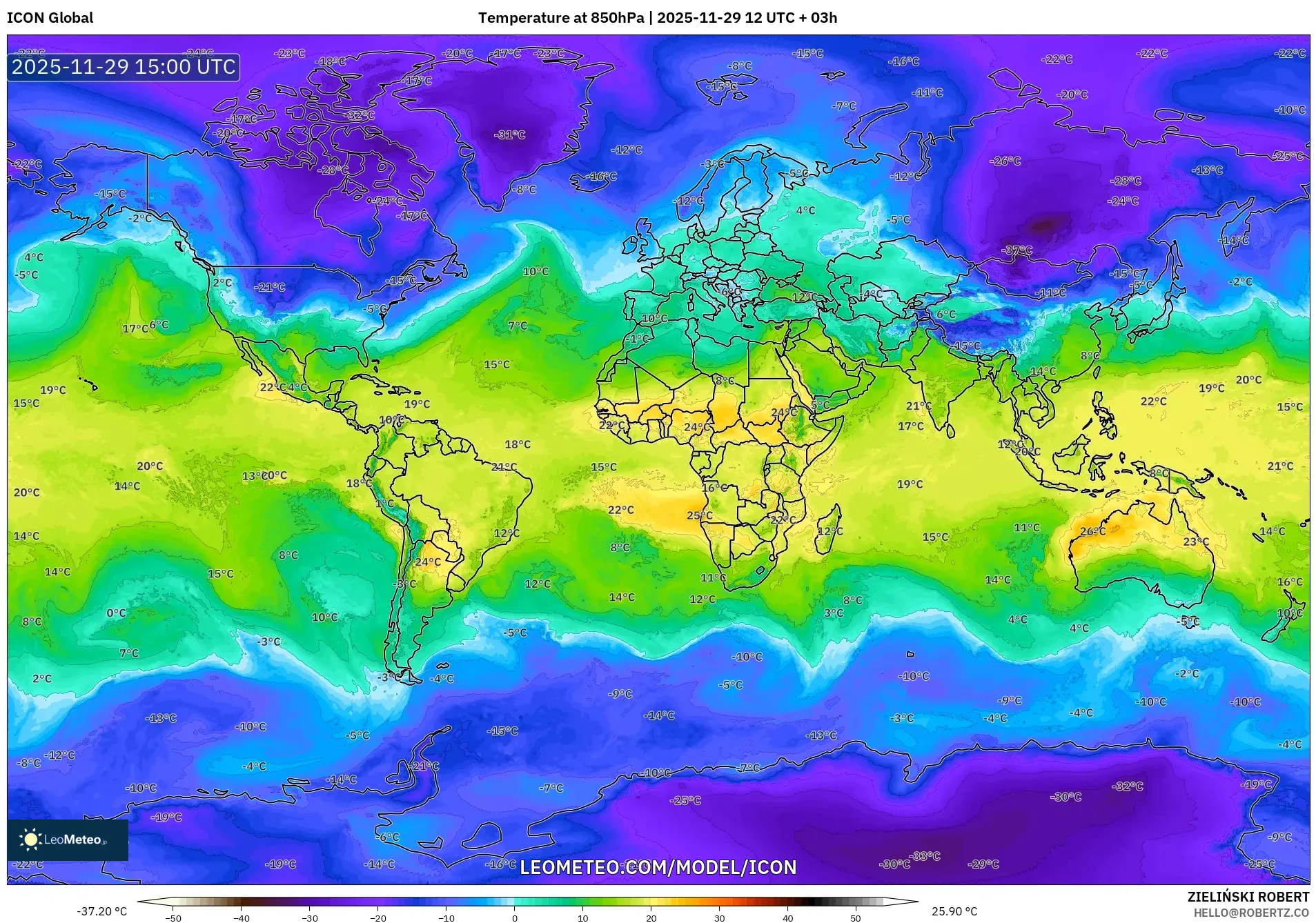 ICON model - World, Temperature at 850hPa