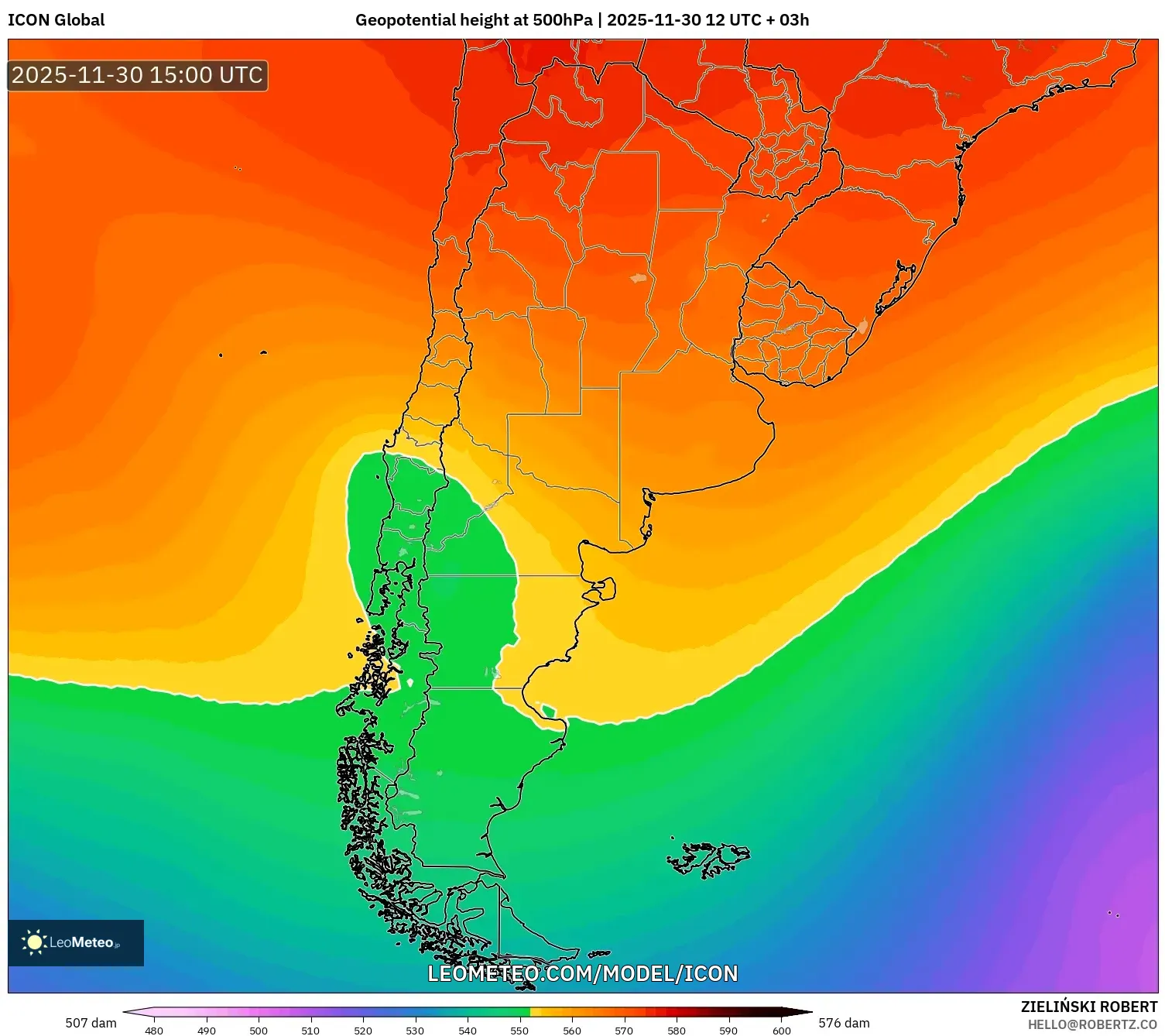 ICON model - Argentina, Geopotential height at 500hPa