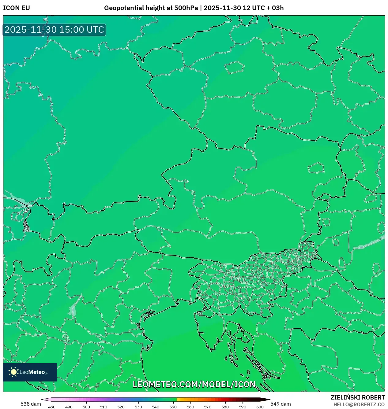 ICON model - Austria, Geopotential height at 500hPa