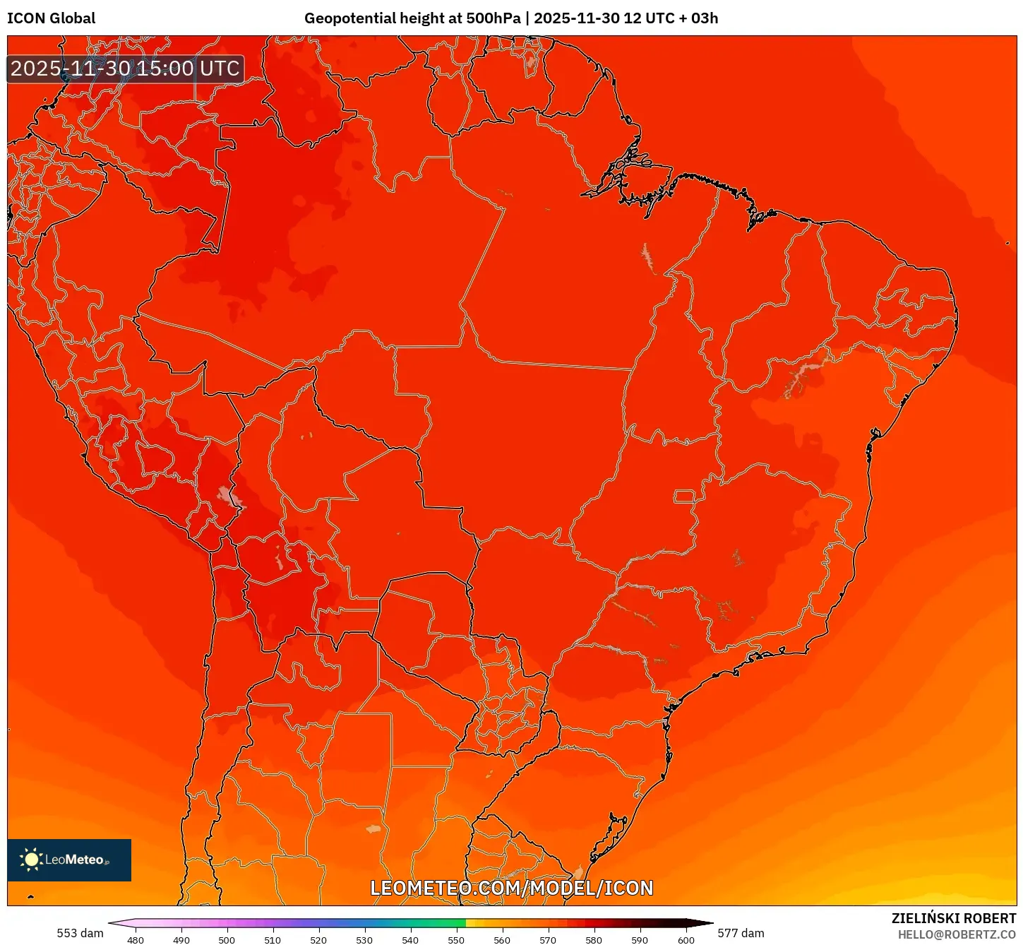 ICON model - Brazil, Geopotential height at 500hPa