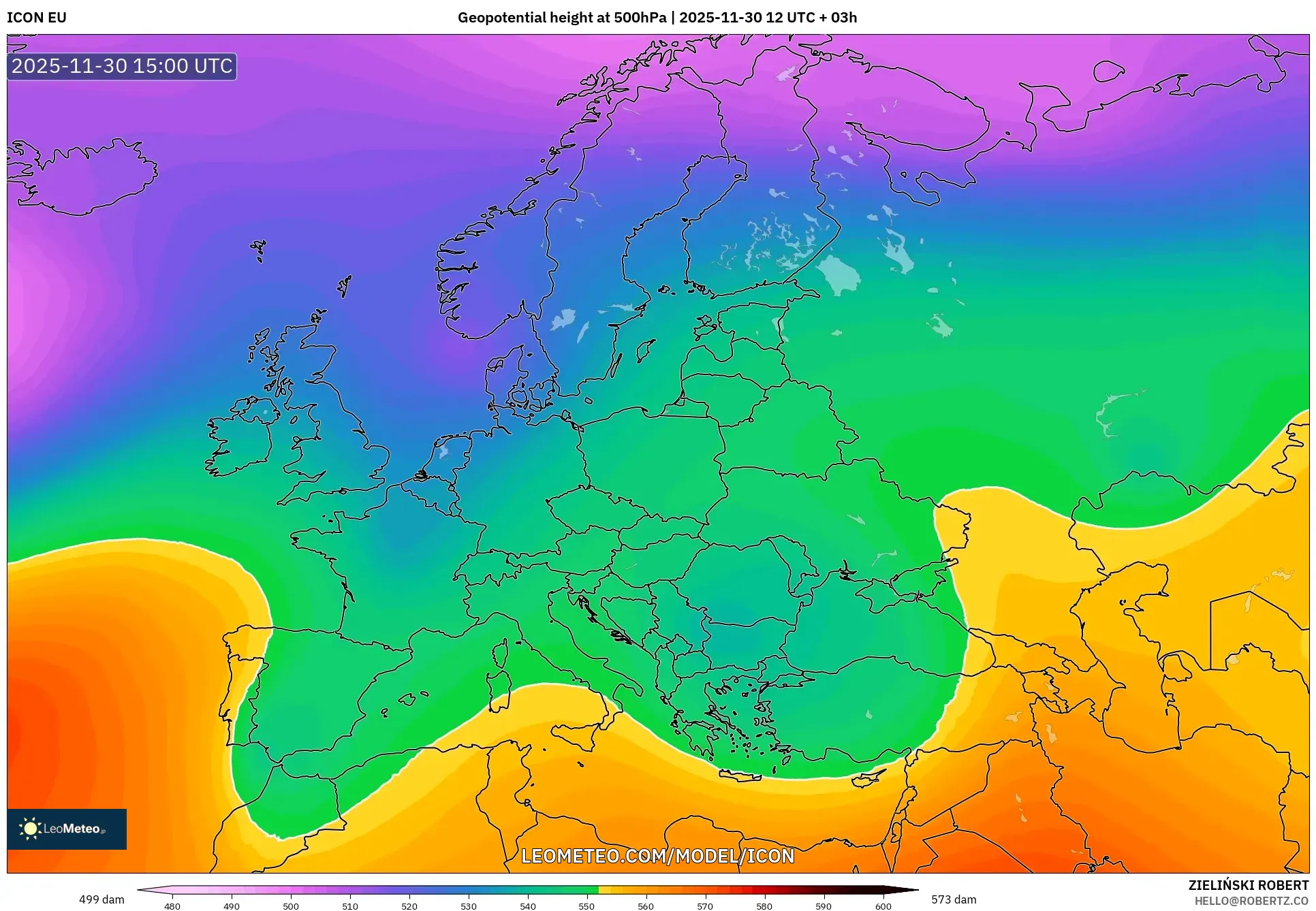 ICON model - Europe, Geopotential height at 500hPa