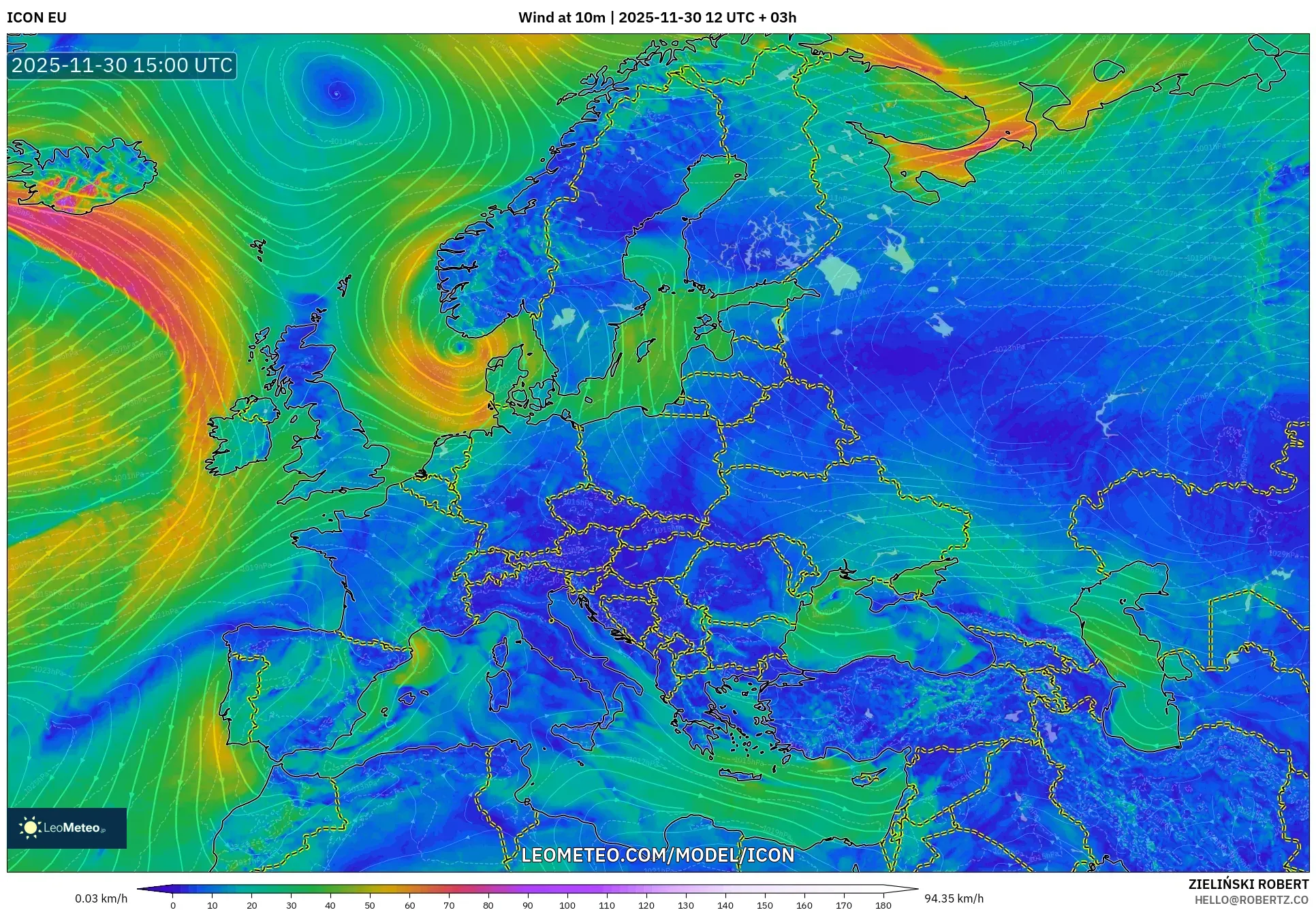 ICON model - Europe, Wind at 10m