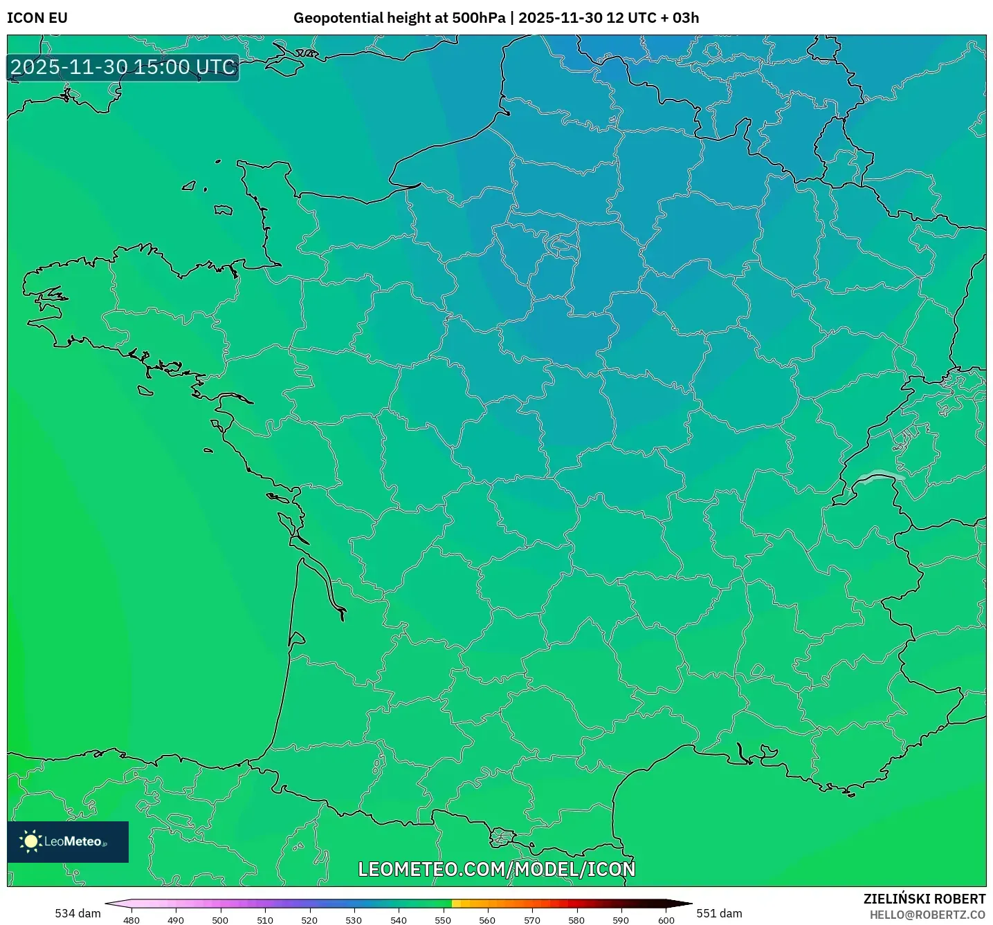 ICON model - France, Geopotential height at 500hPa