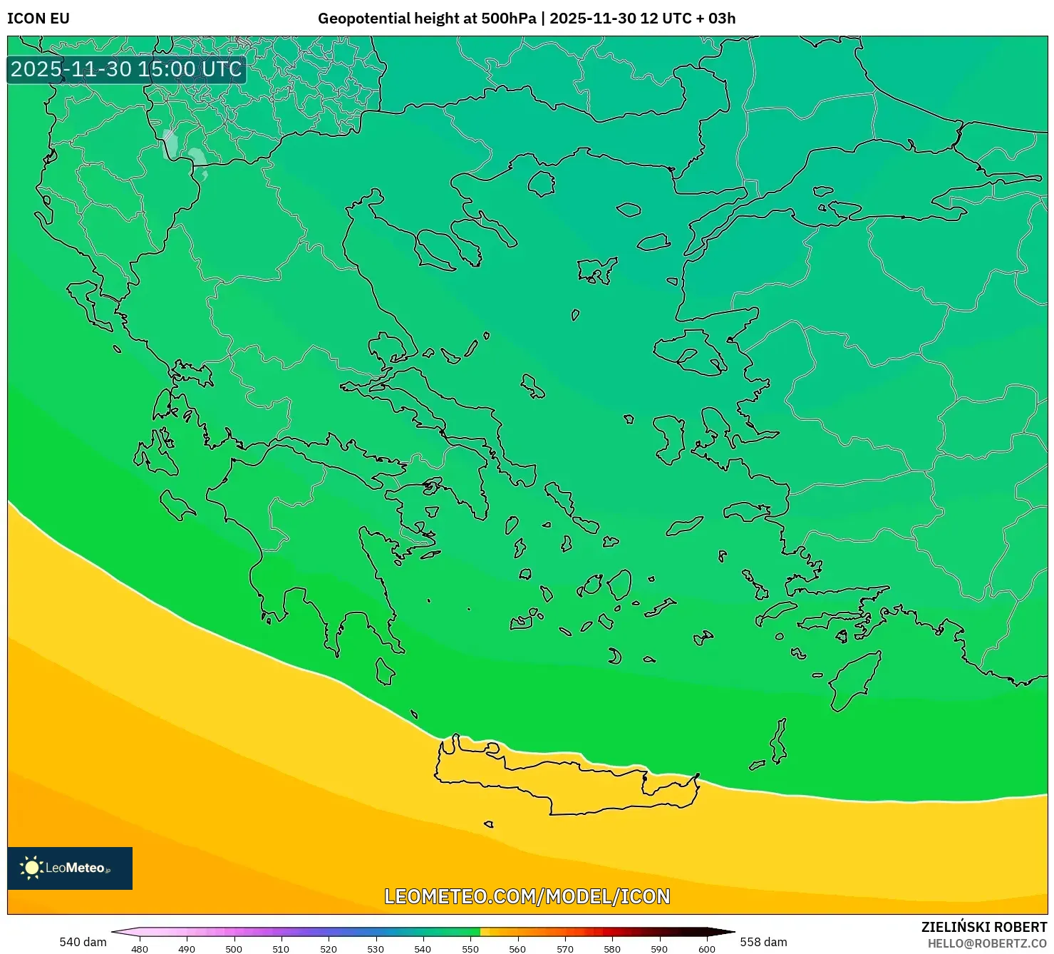ICON model - Greece, Geopotential height at 500hPa