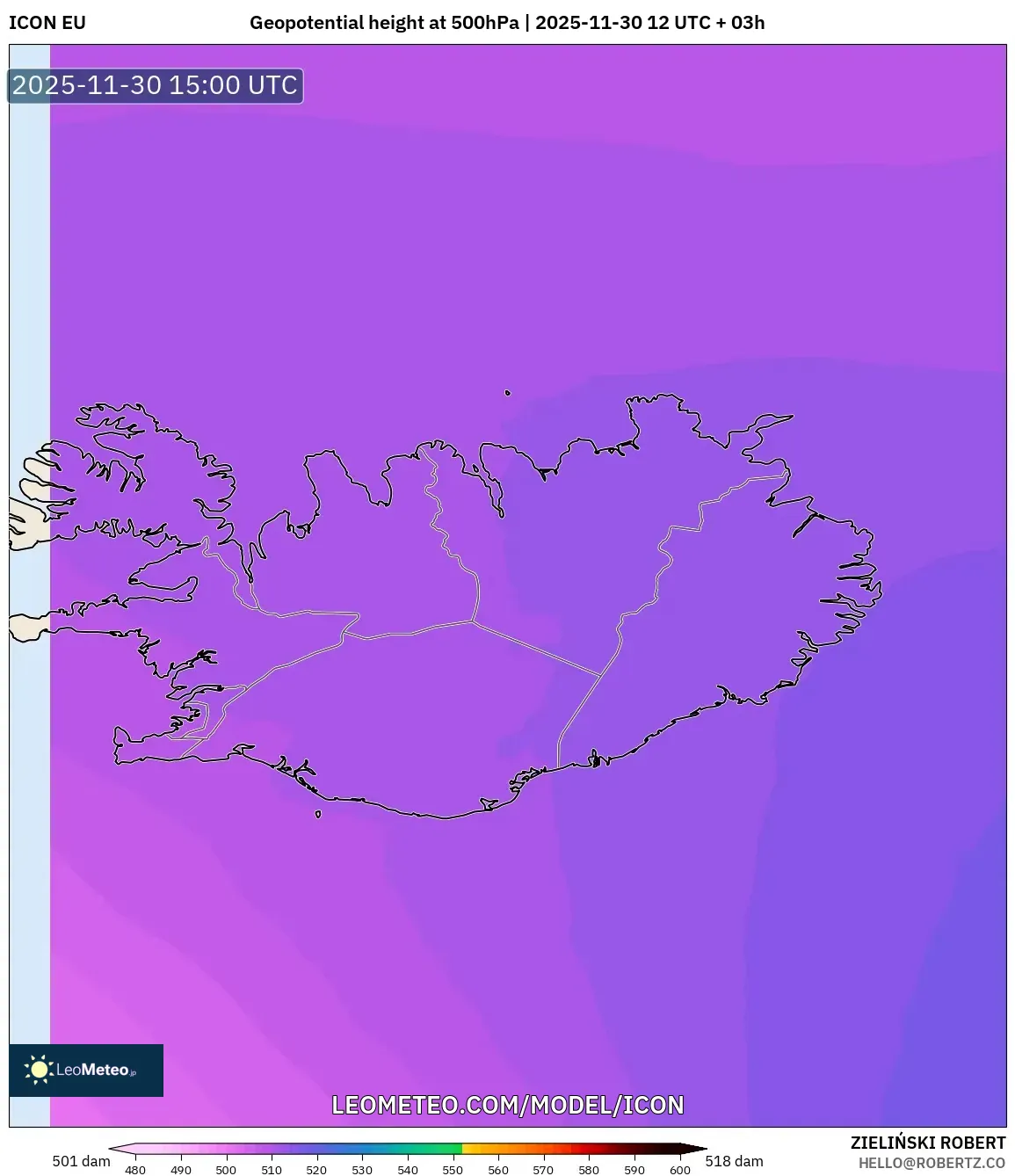 ICON model - Iceland, Geopotential height at 500hPa