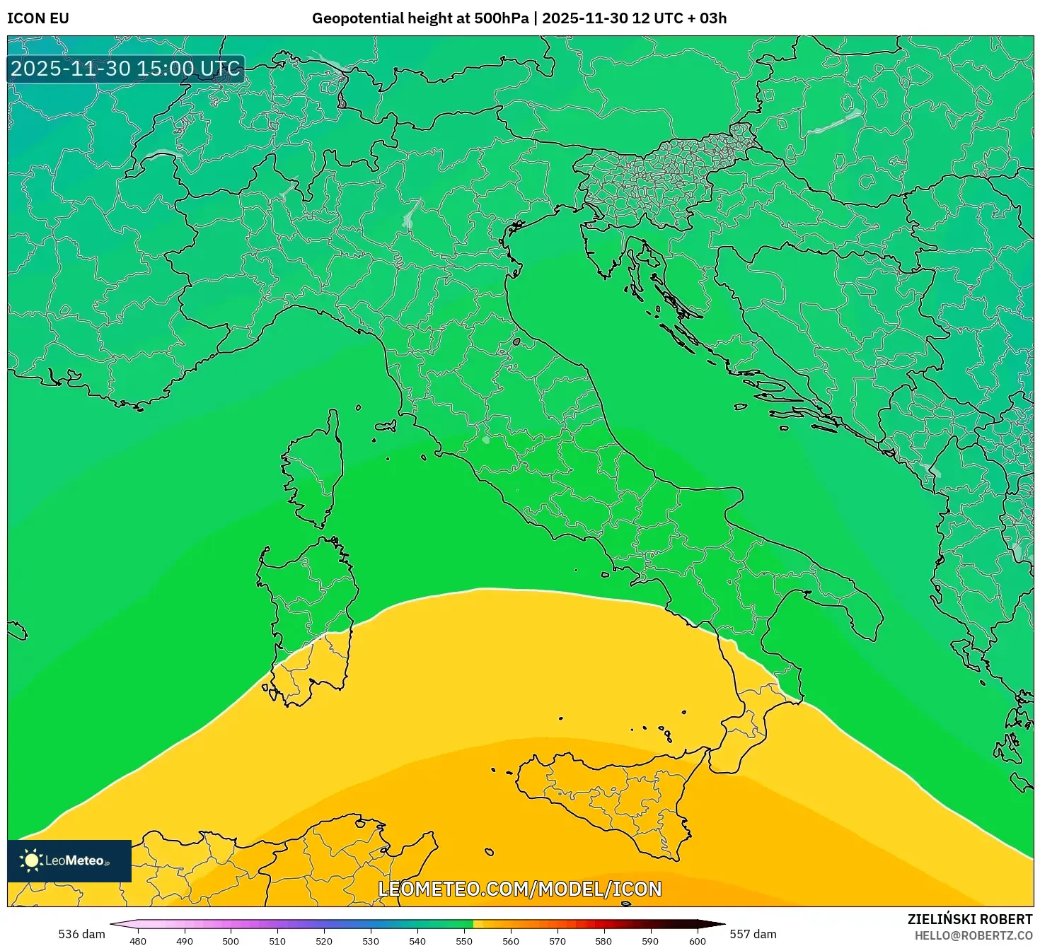 ICON model - Italy, Geopotential height at 500hPa