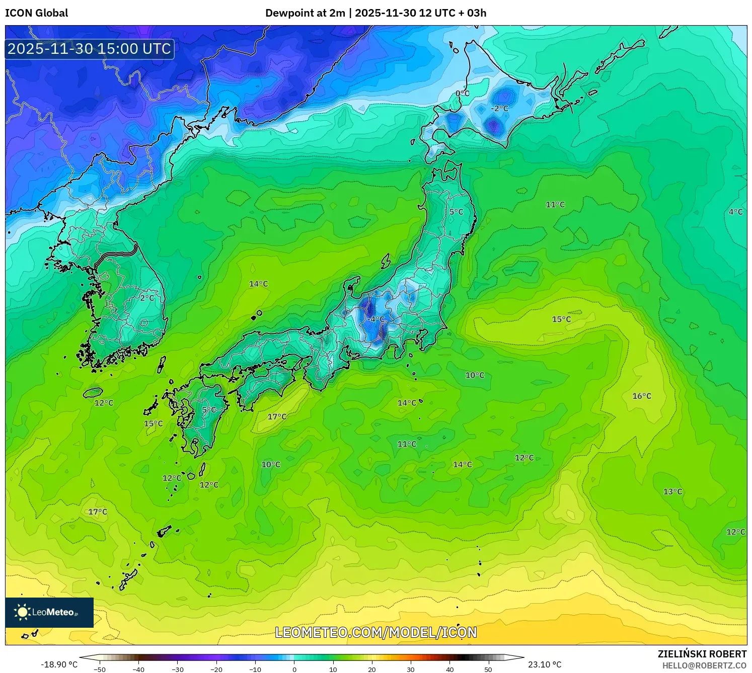 ICON model - Japan, Dewpoint at 2m