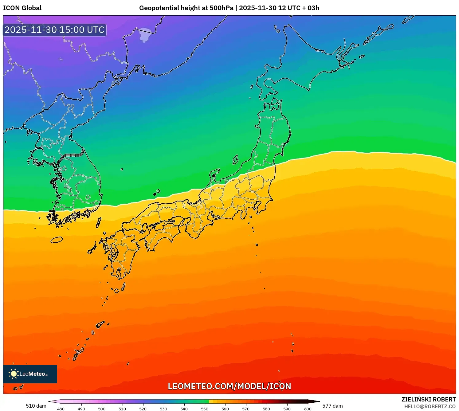 ICON model - Japan, Geopotential height at 500hPa