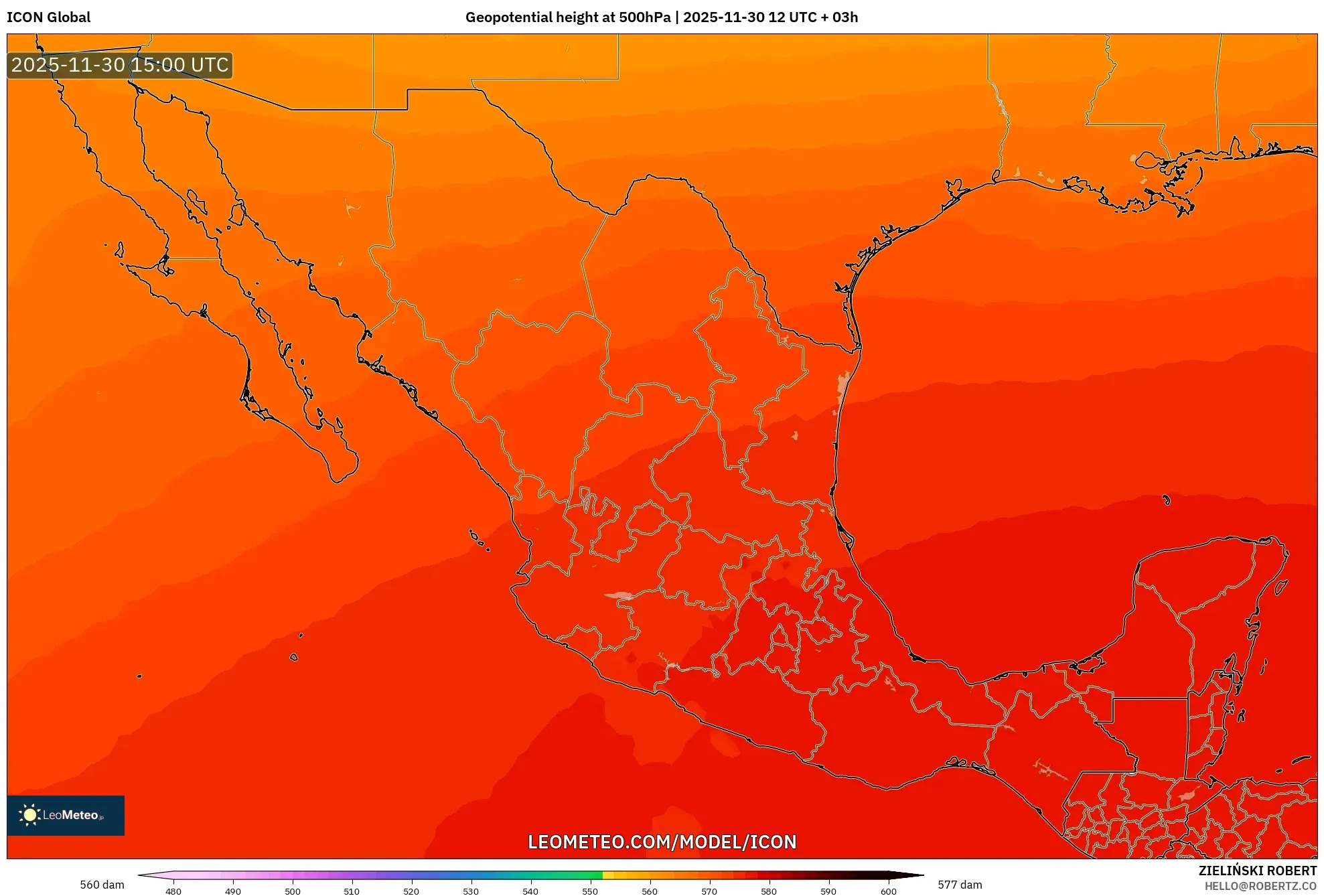 ICON model - Mexico, Geopotential height at 500hPa