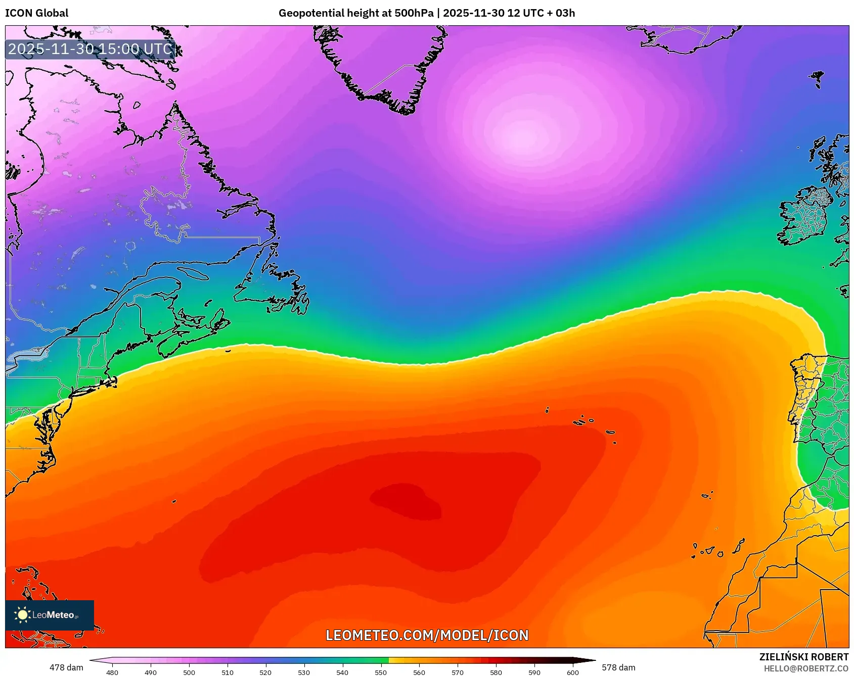 ICON model - North Atlantic, Geopotential height at 500hPa
