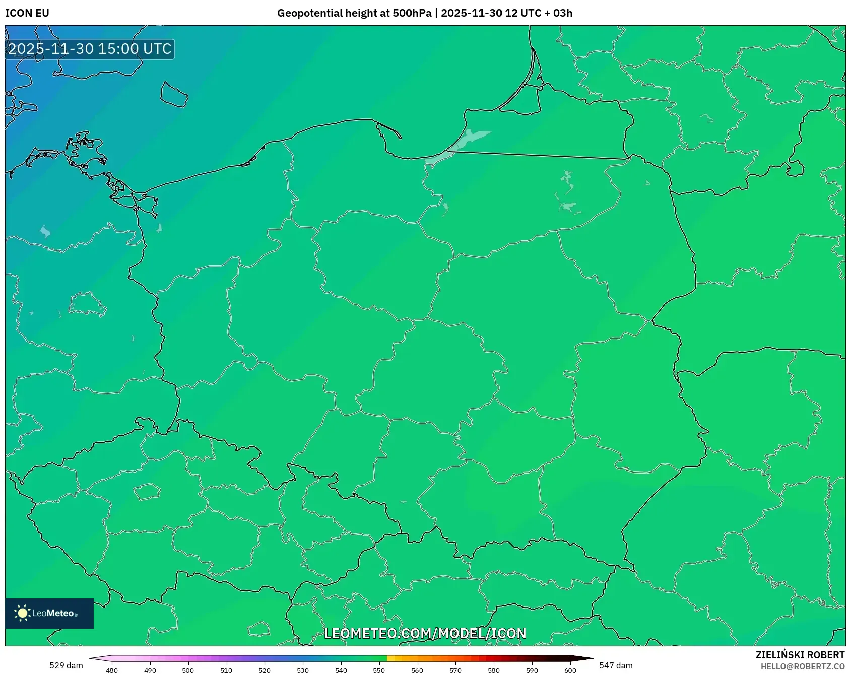ICON model - Poland, Geopotential height at 500hPa