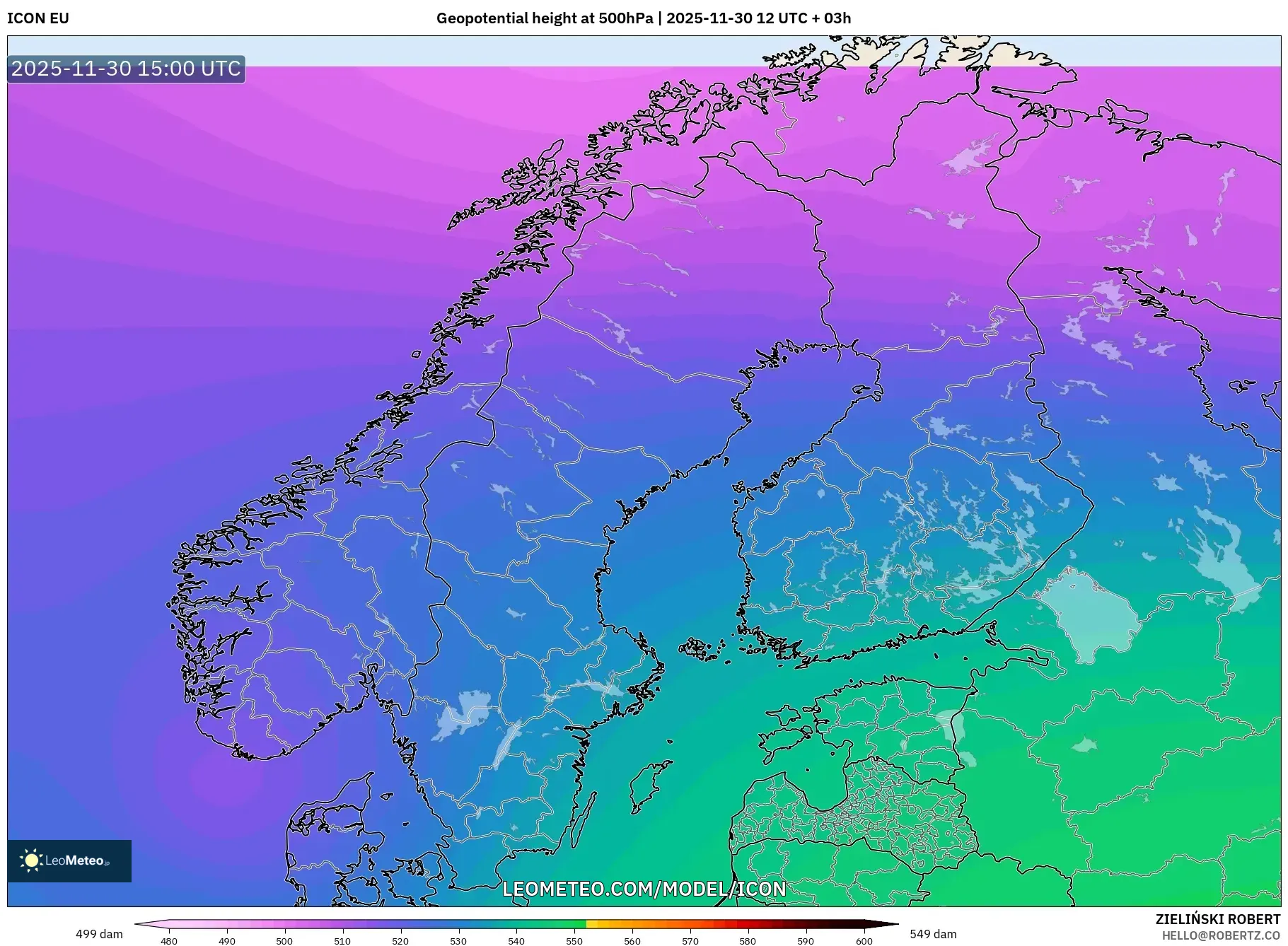 ICON model - Scandinavia, Geopotential height at 500hPa