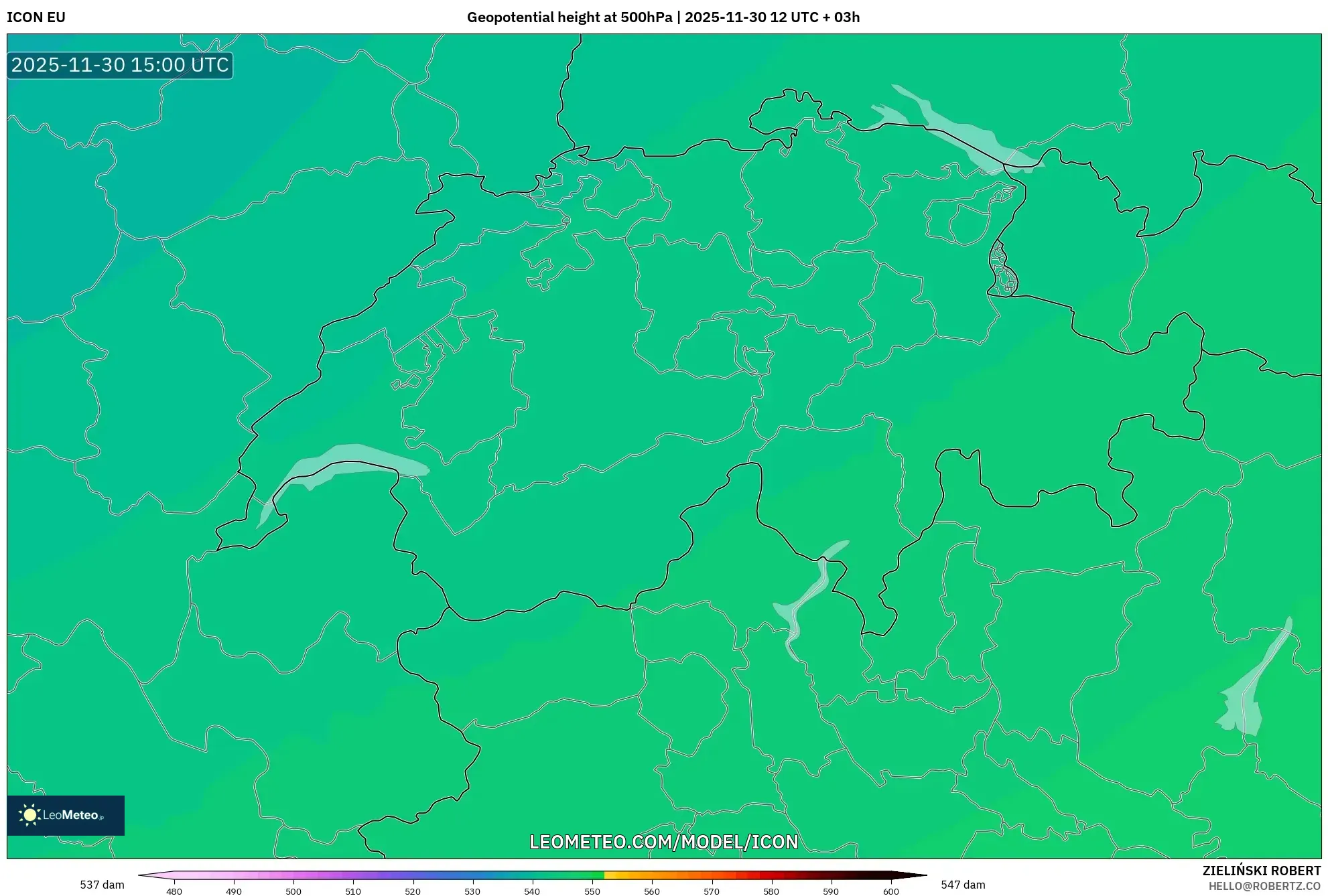 ICON model - Switzerland, Geopotential height at 500hPa