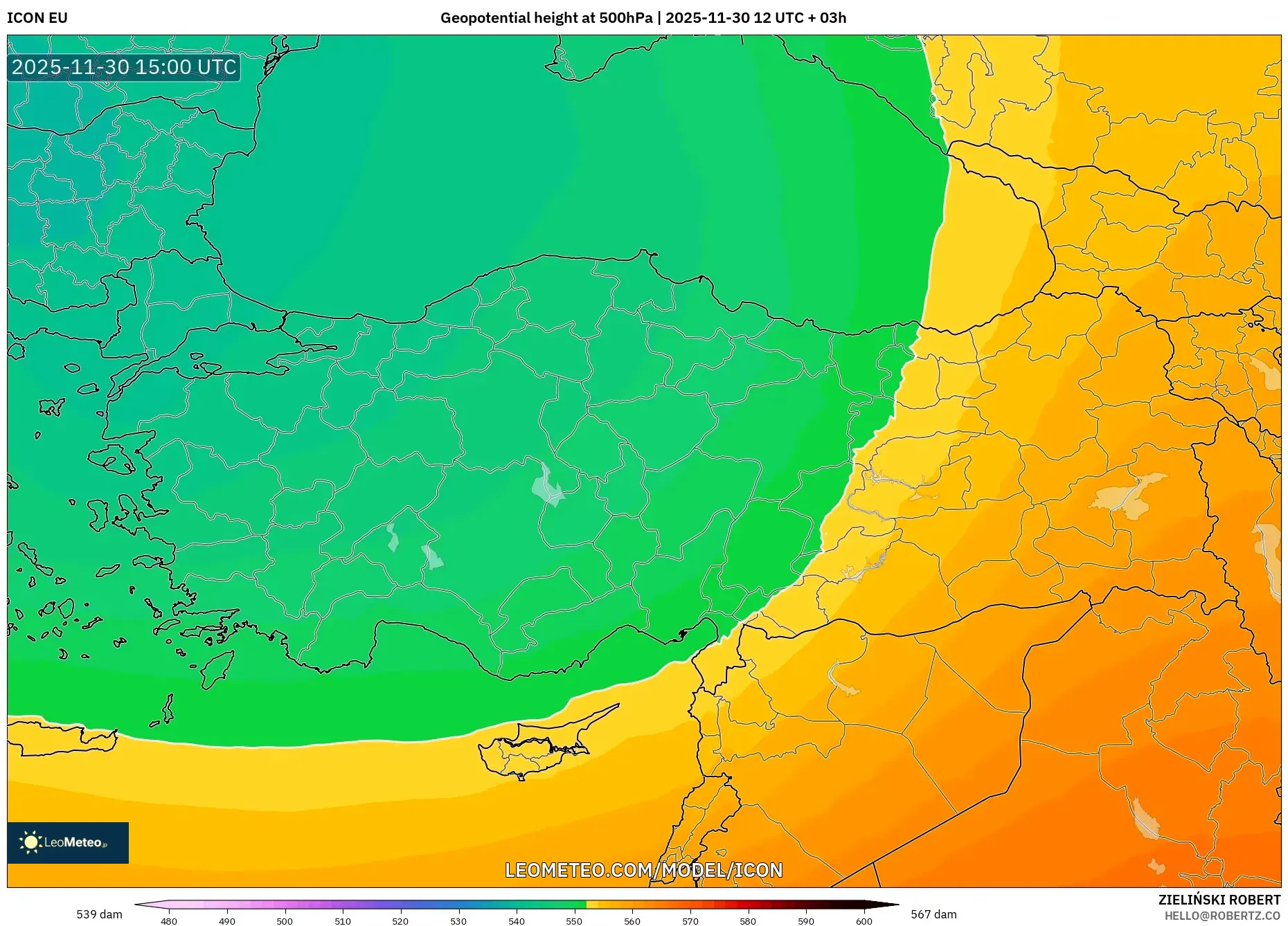 ICON model - Turkey, Geopotential height at 500hPa