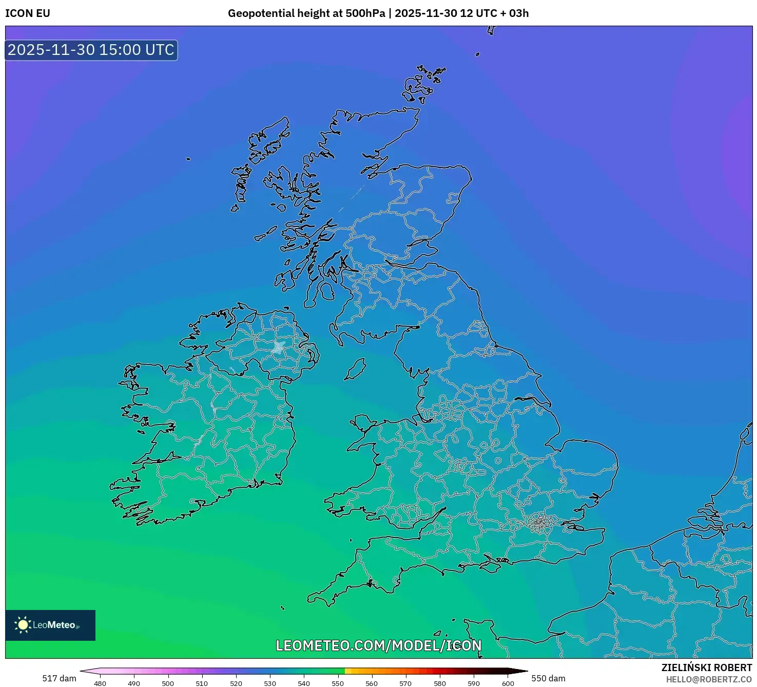 ICON model - United Kingdom, Geopotential height at 500hPa
