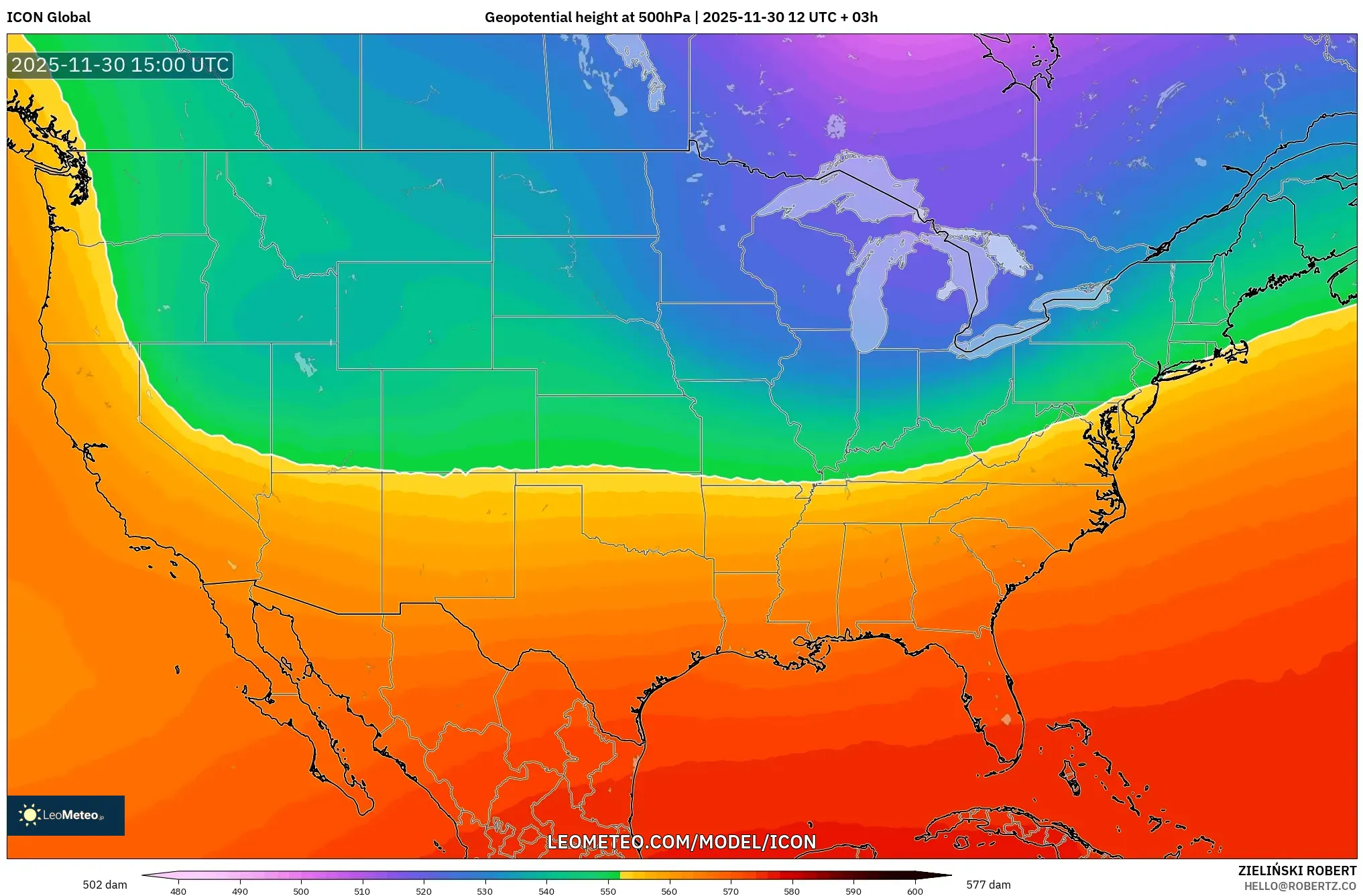 ICON model - United States, Geopotential height at 500hPa