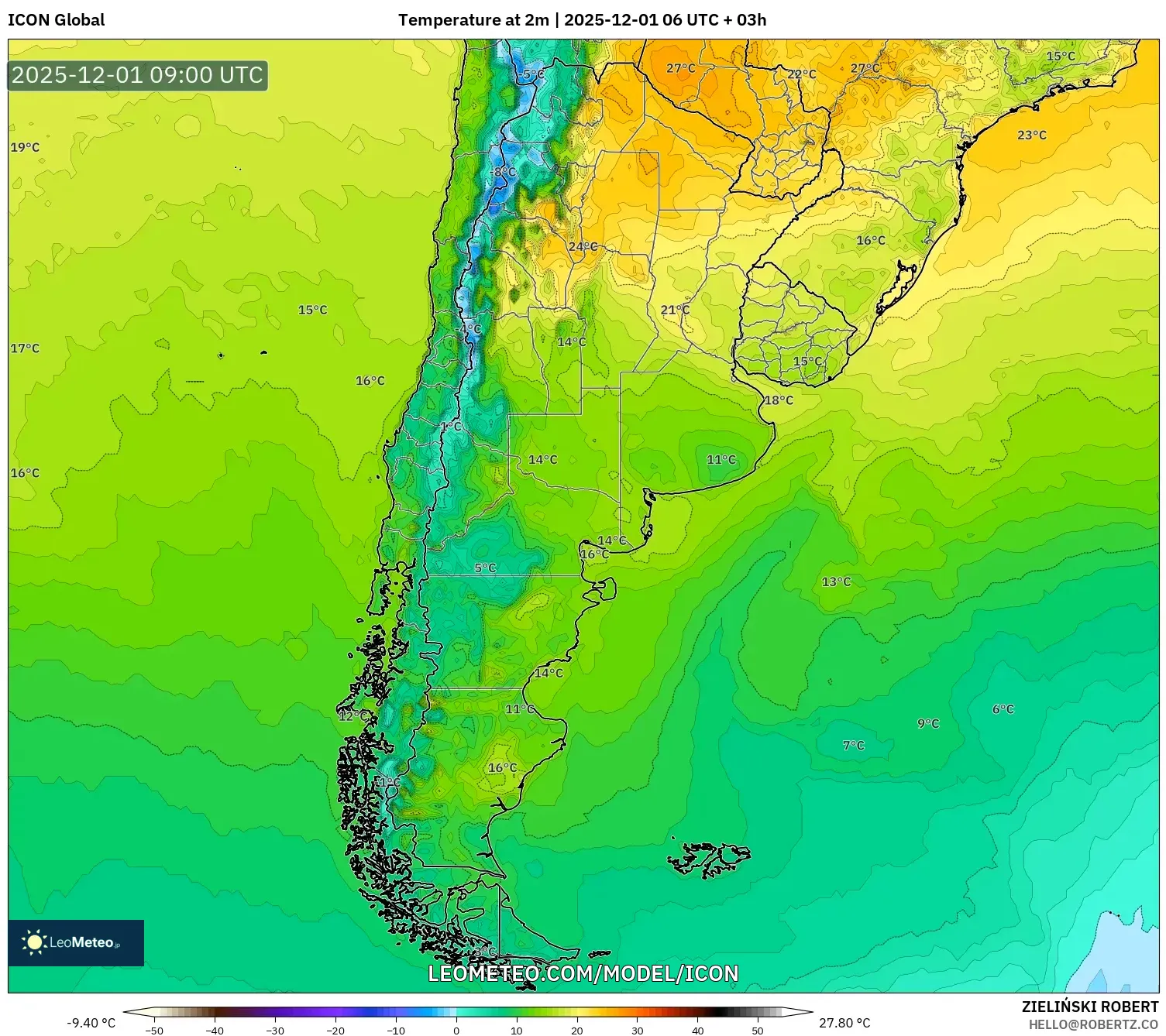 ICON model - Argentina, Temperature at 2m