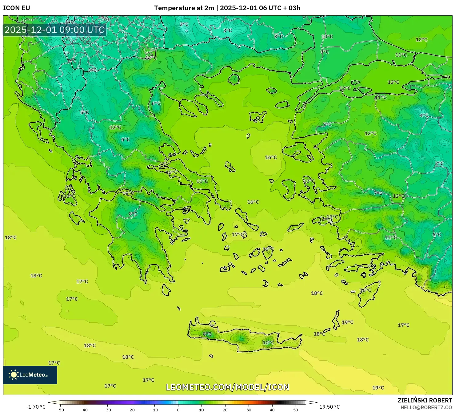 ICON model - Greece, Temperature at 2m