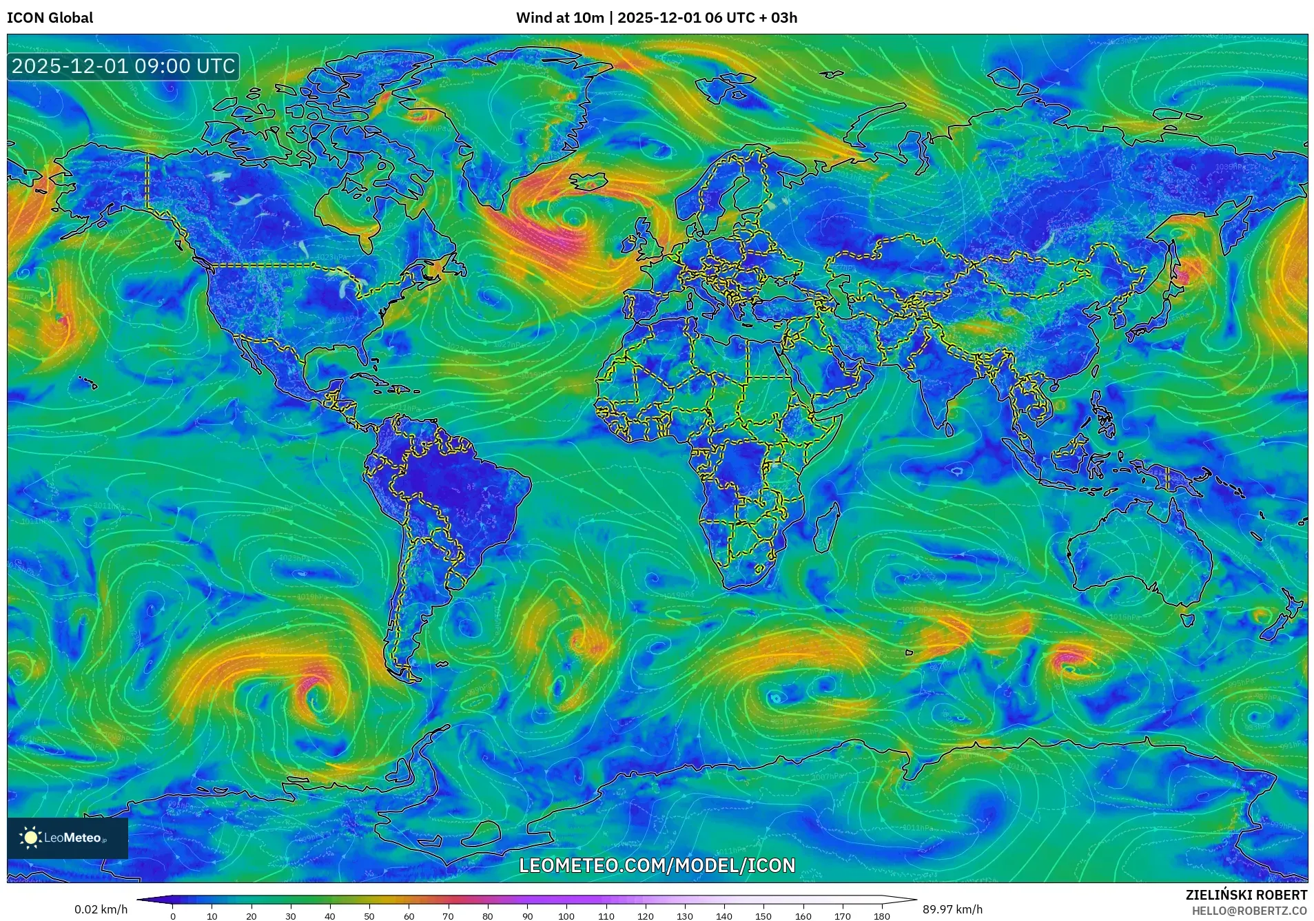 ICON model - World, Wind at 10m