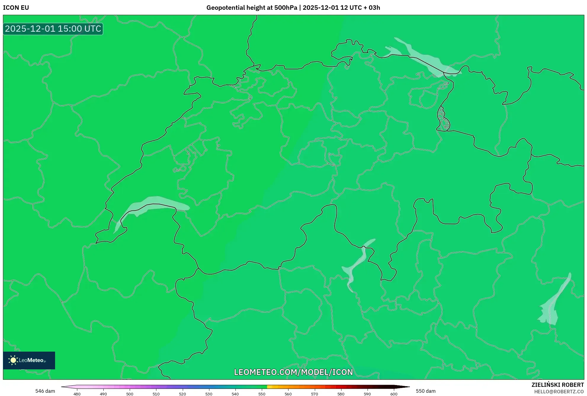 ICON model - Switzerland, Geopotential height at 500hPa
