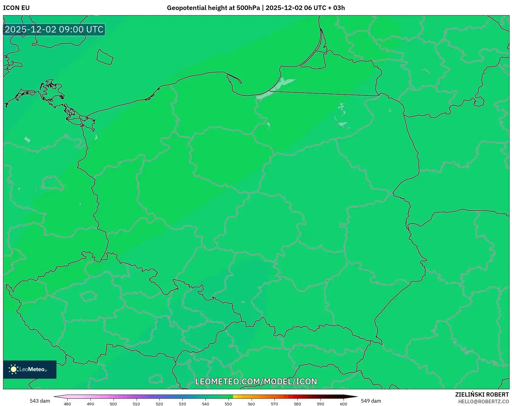 ICON model - Poland, Geopotential height at 500hPa