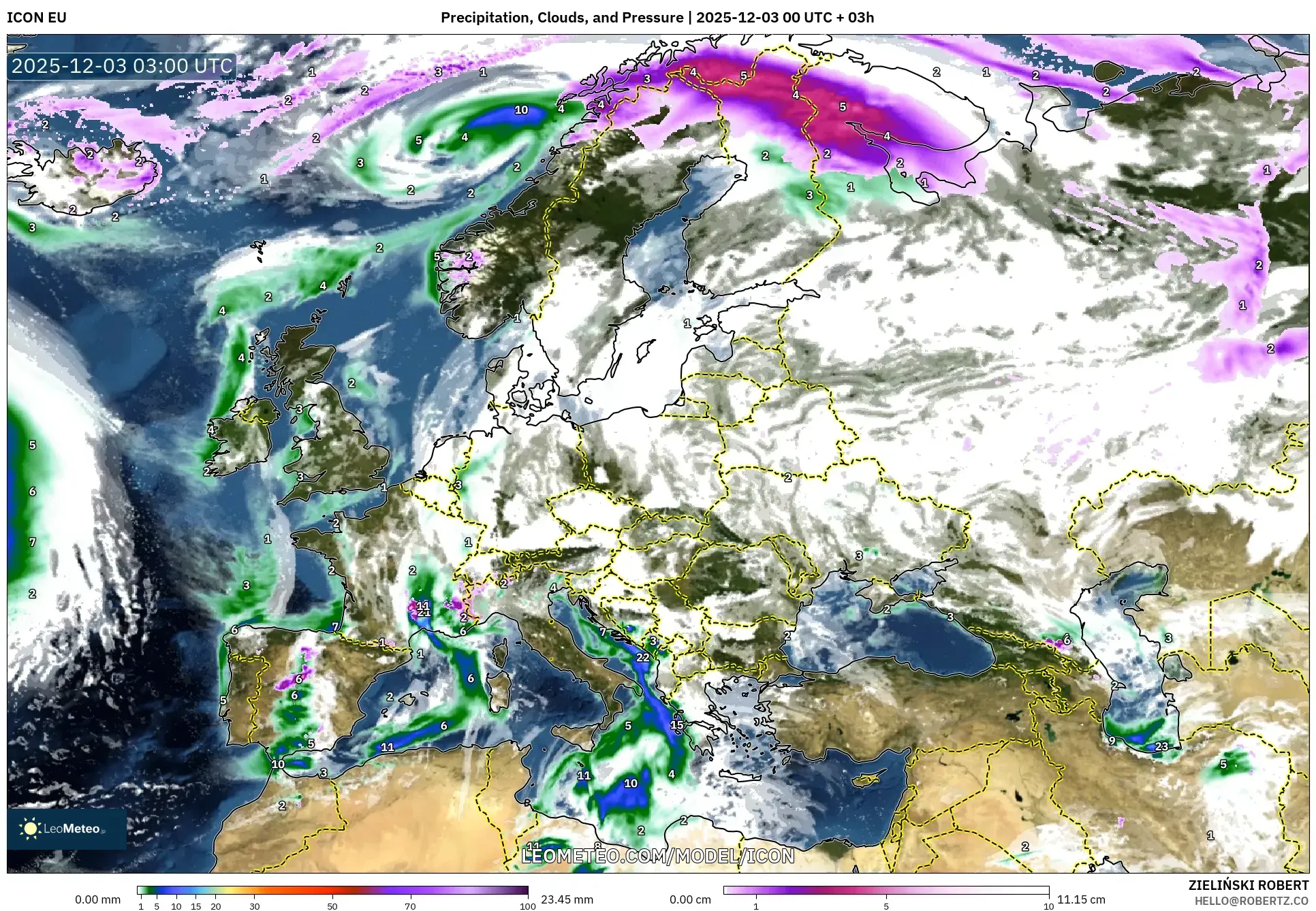ICON model - Europe, Precipitation, Clouds, and Pressure