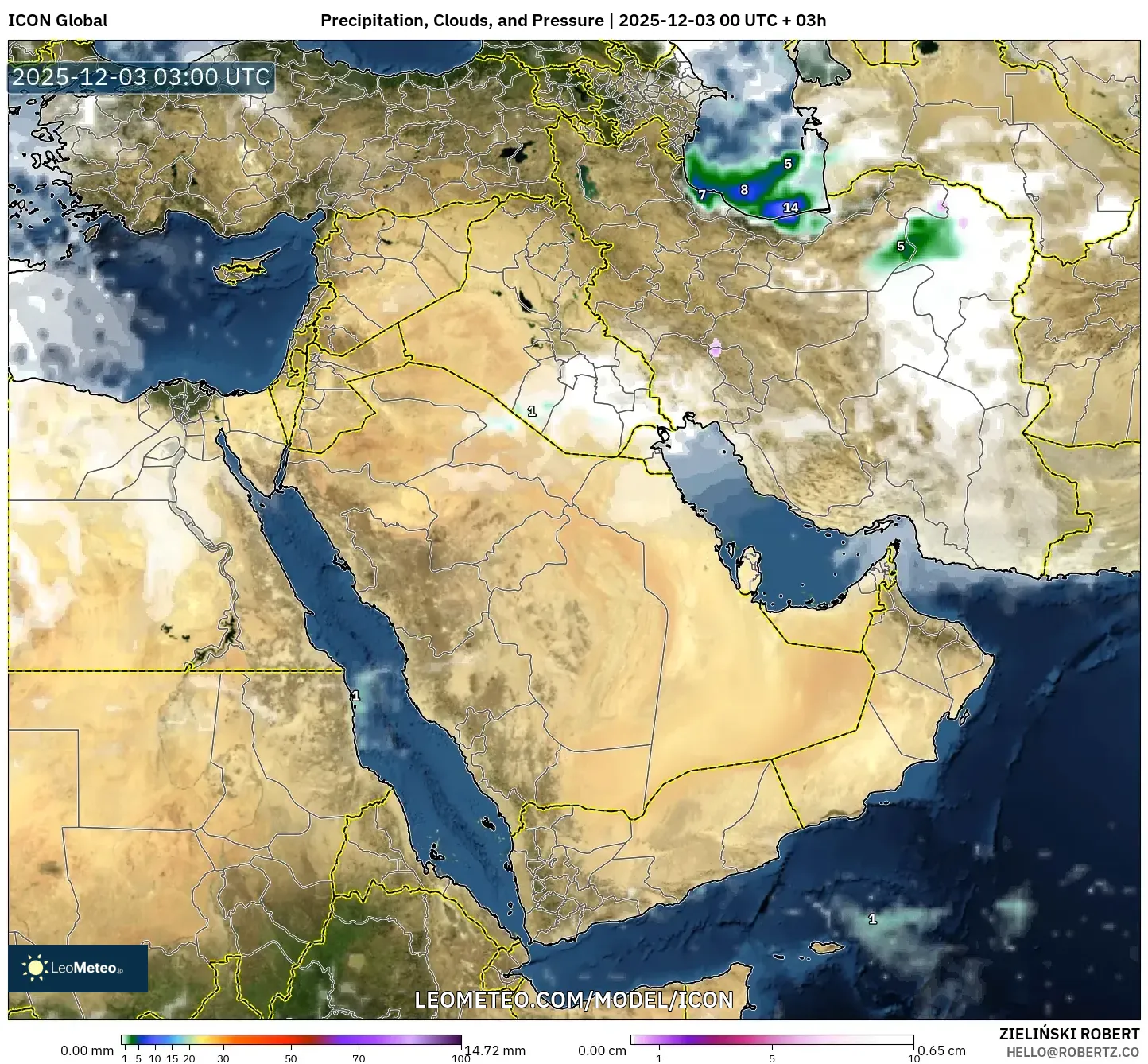 ICON model - Middle East, Precipitation, Clouds, and Pressure