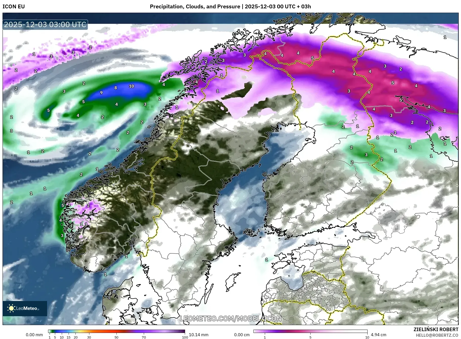 ICON model - Scandinavia, Precipitation, Clouds, and Pressure