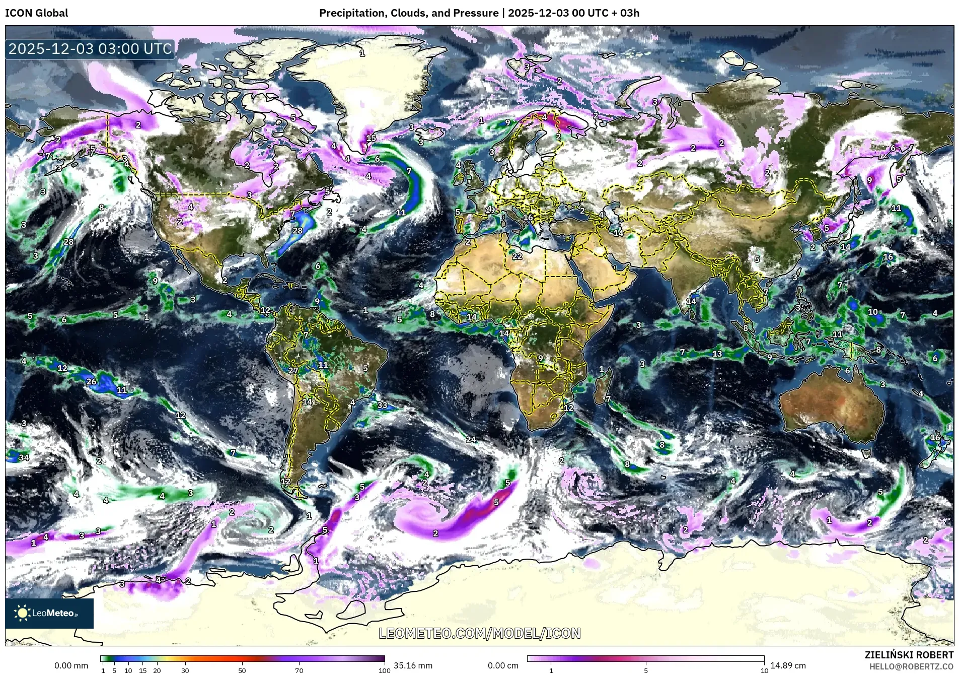 ICON model - World, Precipitation, Clouds, and Pressure