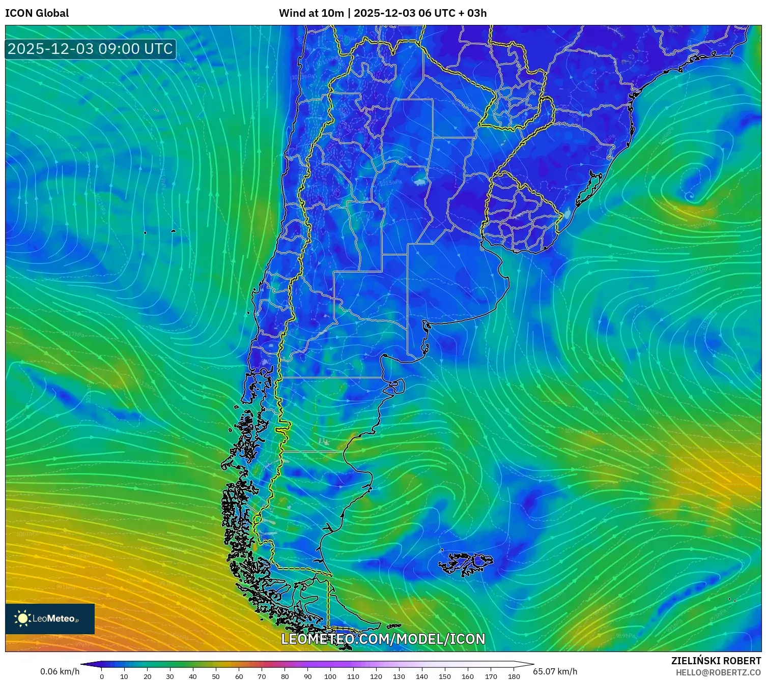 ICON model - Argentina, Wind at 10m