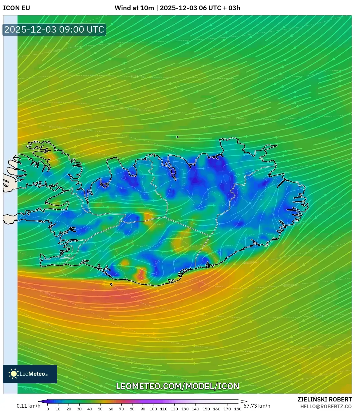 ICON model - Iceland, Wind at 10m