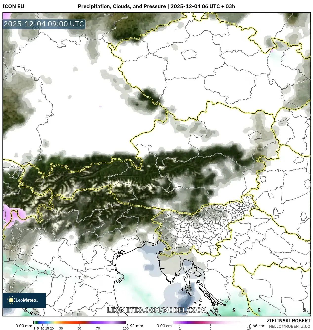 ICON model - Austria, Precipitation, Clouds, and Pressure