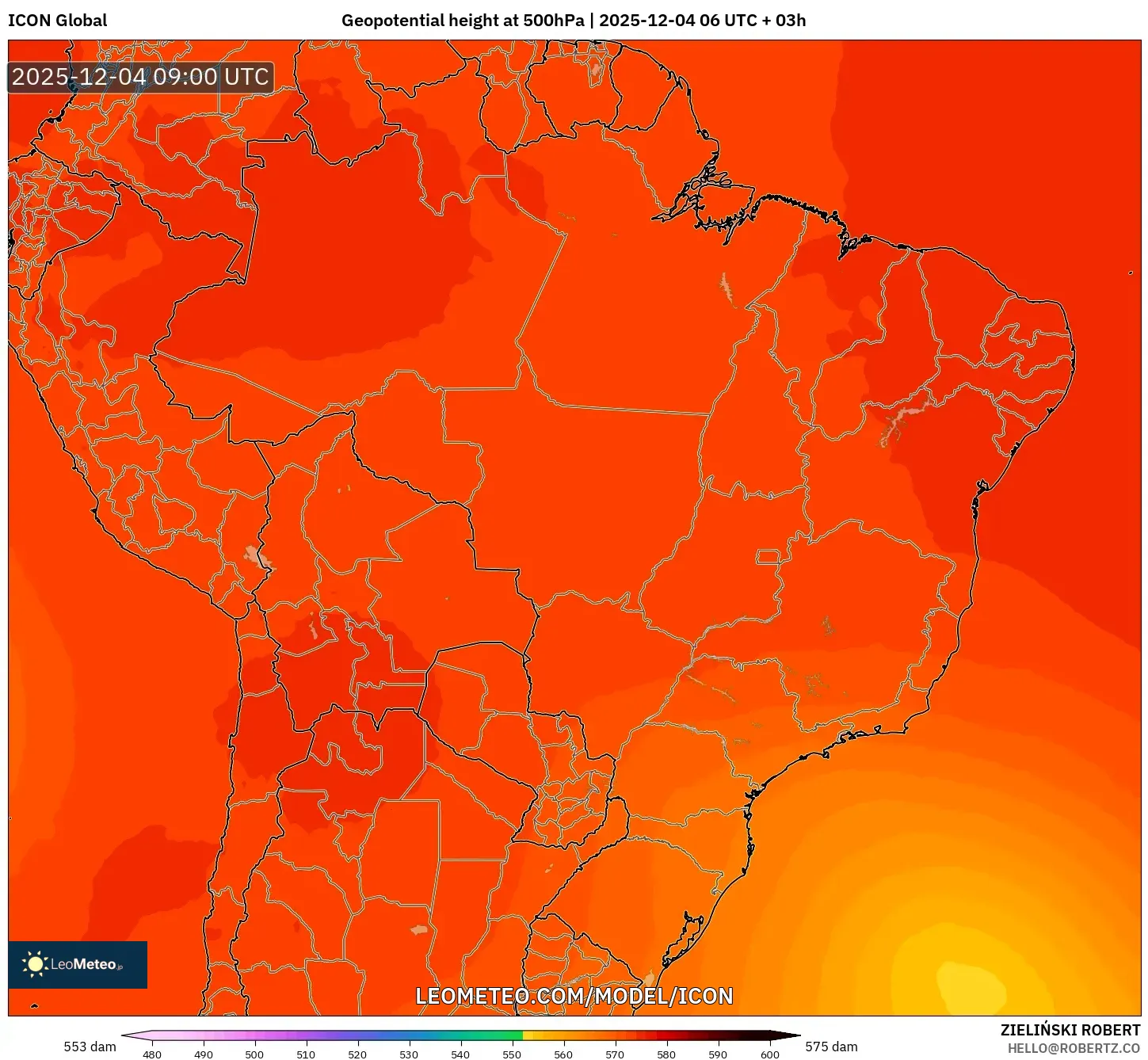 ICON model - Brazil, Geopotential height at 500hPa