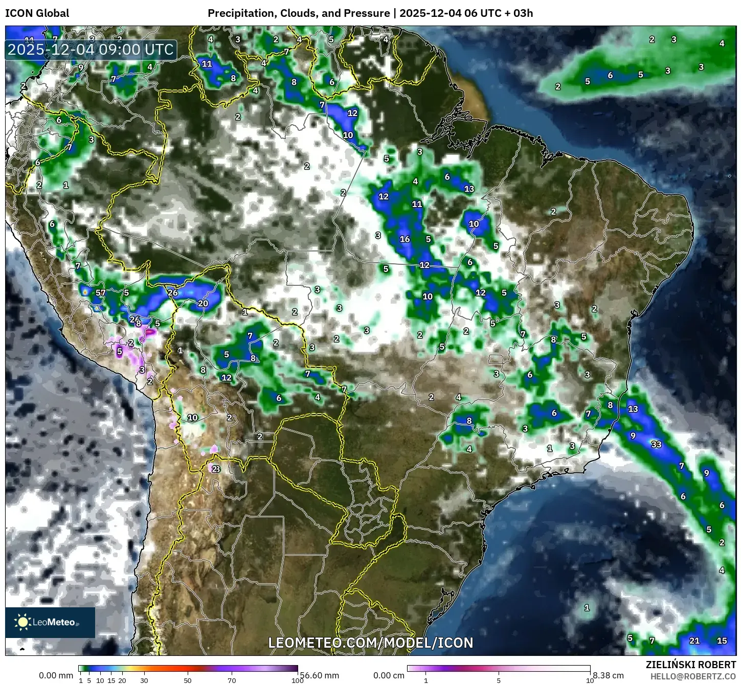 ICON model - Brazil, Precipitation, Clouds, and Pressure